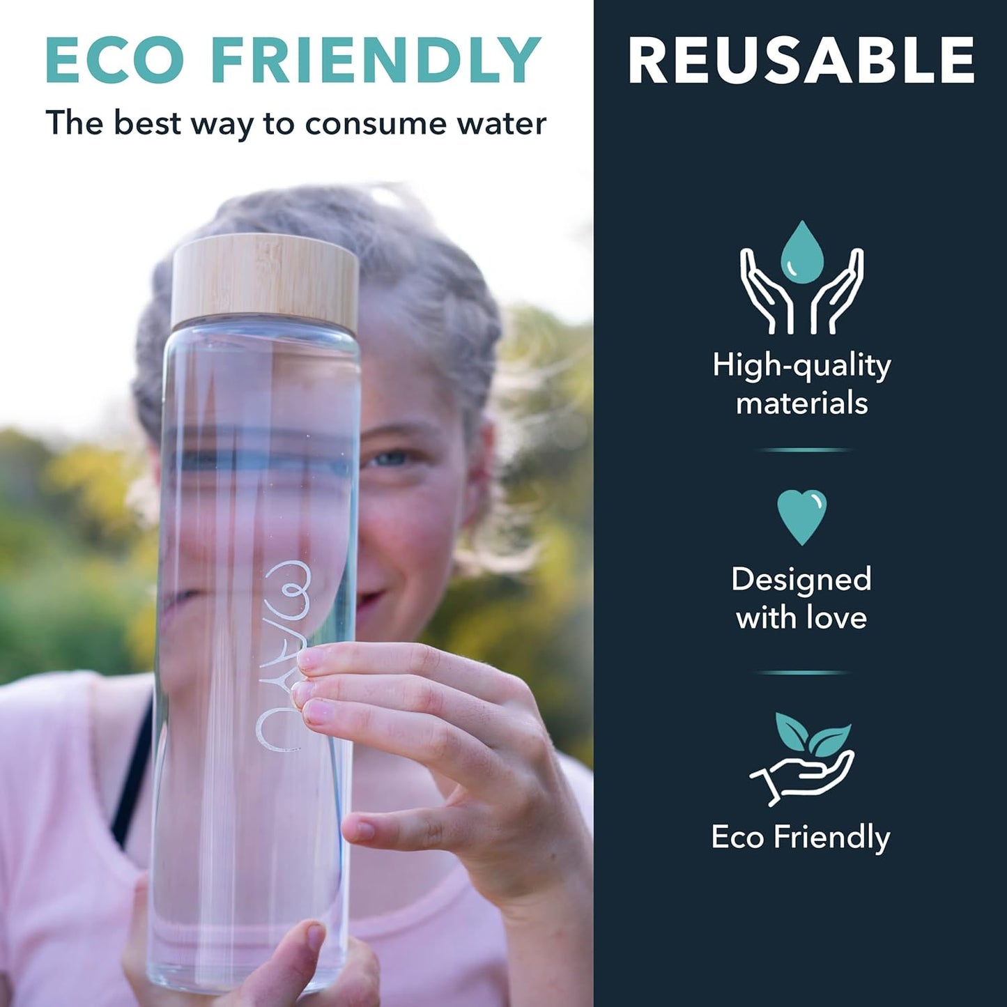 Eco-Friendly 1L Glass Water Bottle with Bamboo Lid - BPA-Free, Leak-Proof Design for Outdoor Picnics and Everyday Use
