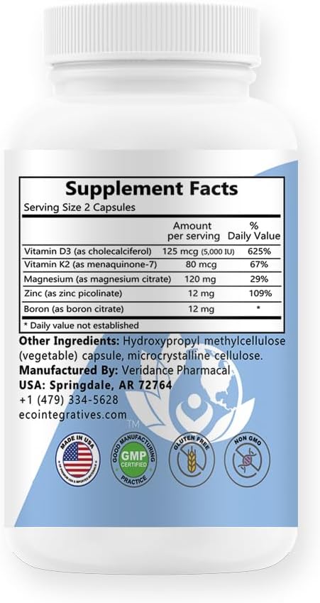 EcoIntegratives D3 Plus Boron Vitamin K2 Magnesium Zinc Vegan Caps for Overall Health and Wellness
