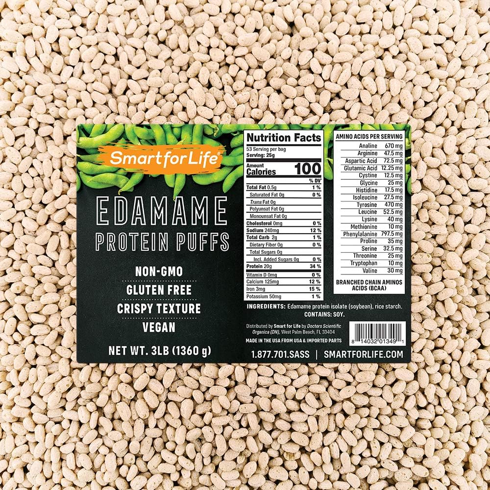 Edamame Soy Protein Puffs: High-Protein, Zero Sugar Isolate Snacks - Non-GMO & Gluten-Free - 3lb Box, 53 Servings - Soy Protein Isolate Puffs