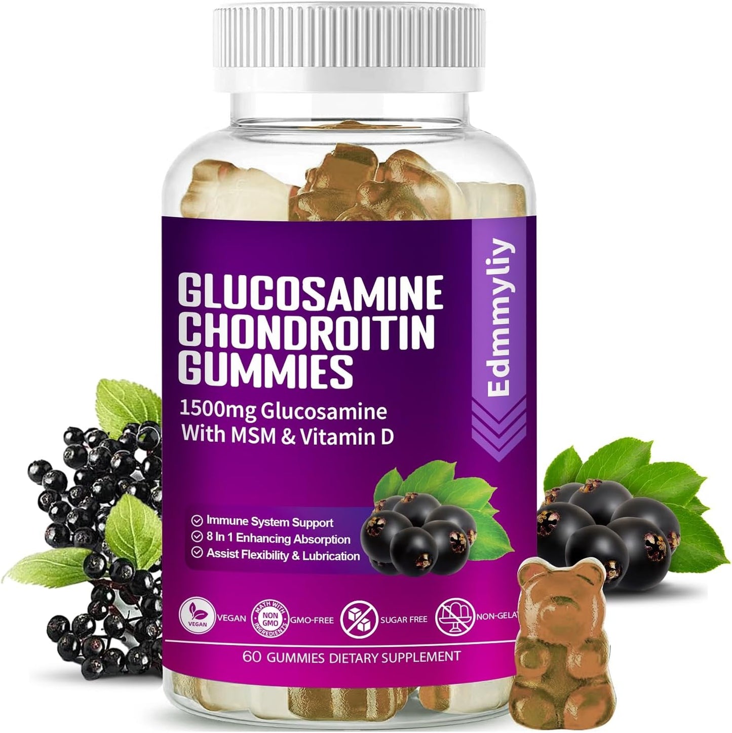 Edmmyliy Glucosamine Chondroitin Gummies with Turmeric, Hyaluronic Acid, Vitamin D3, K2 - 1500mg for Women and Men