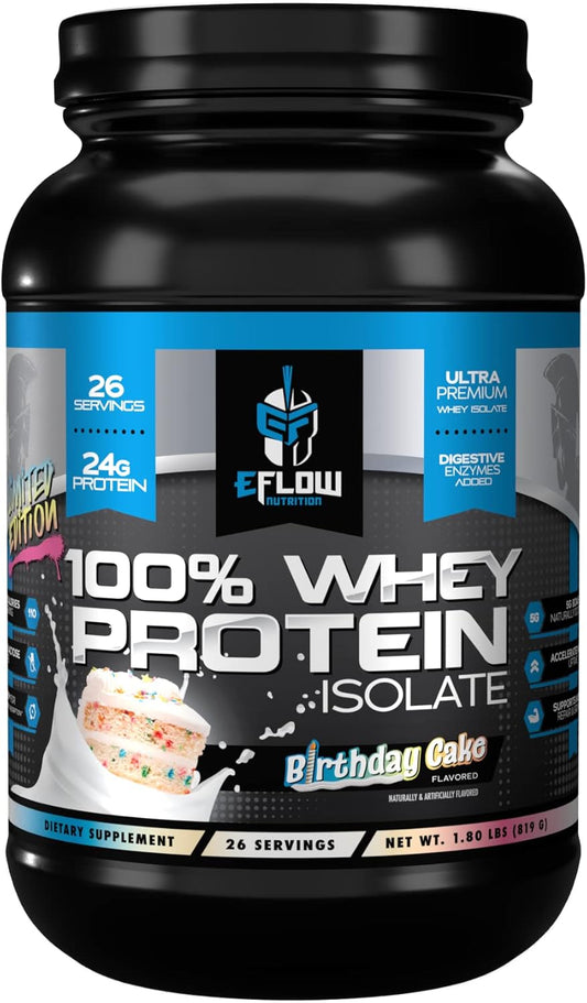 eFlow Nutrition Birthday Cake Whey Protein Isolate - 100% Lactose-Free with Digestive Enzymes, Low Carb, Fast Digesting Shake for Muscle Recovery (26 Servings)