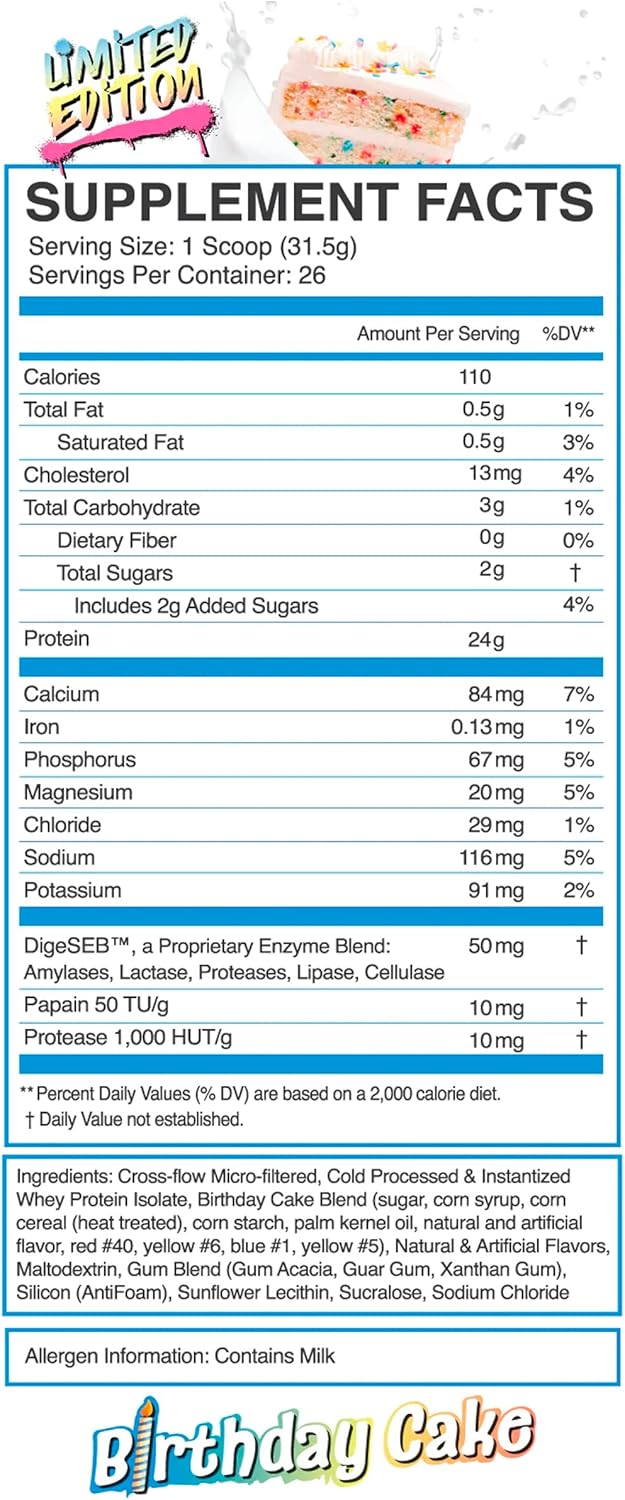 eFlow Nutrition Birthday Cake Whey Protein Isolate - 100% Lactose-Free with Digestive Enzymes, Low Carb, Fast Digesting Shake for Muscle Recovery (26 Servings)