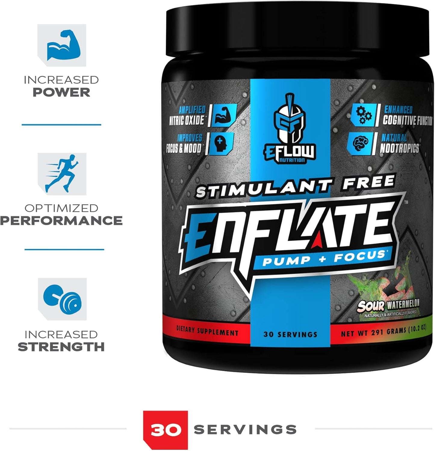 eFlow Nutrition Enflate Preworkout Supplement - Stimulant-Free Nootropic Powder for Pump, Focus, and Energy - Sour Watermelon Flavor - 30 Servings for Men and Women