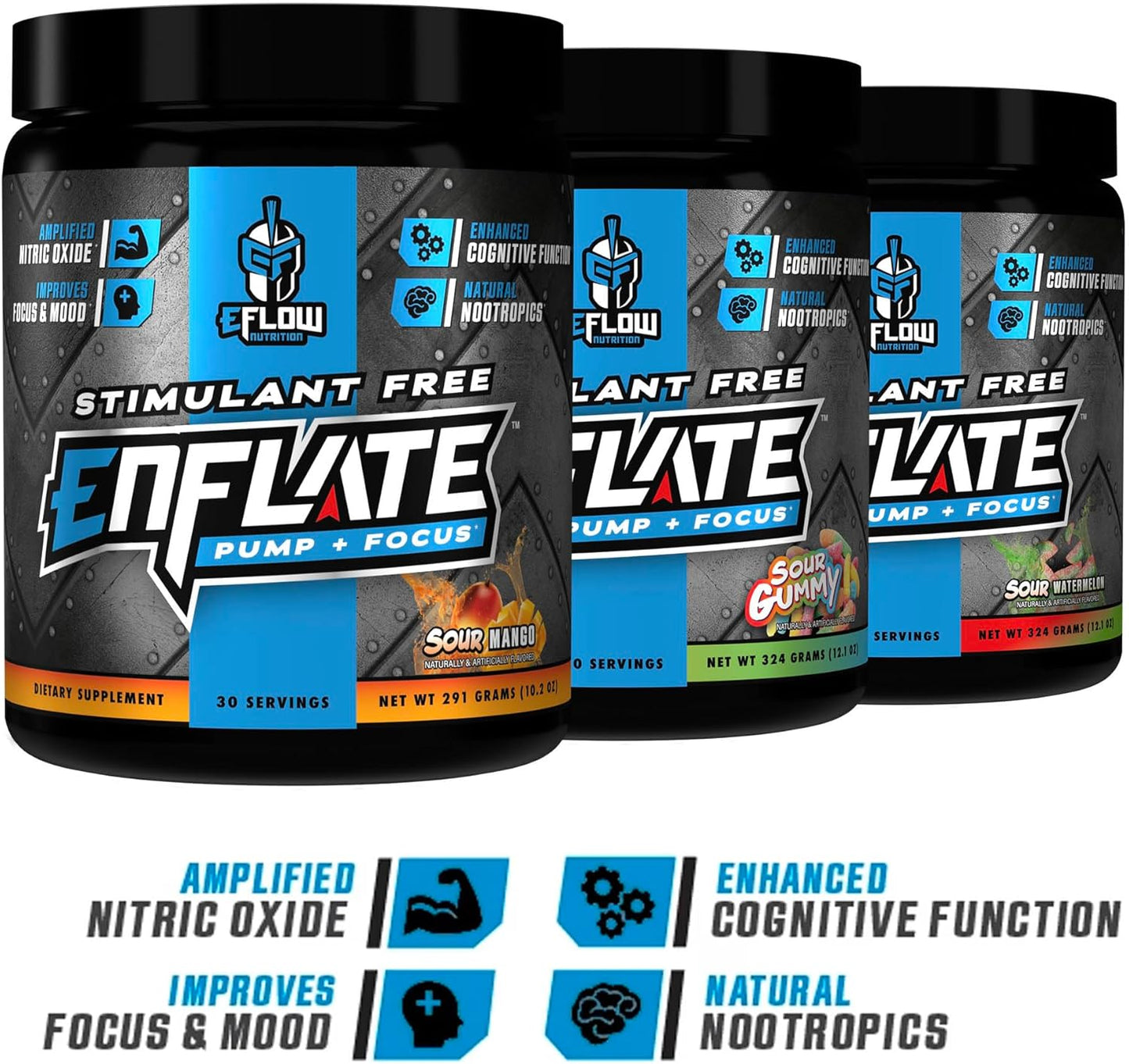 eFlow Nutrition Enflate Preworkout Supplement - Stimulant-Free Nootropic Powder for Pump, Focus, and Energy - Sour Watermelon Flavor - 30 Servings for Men and Women
