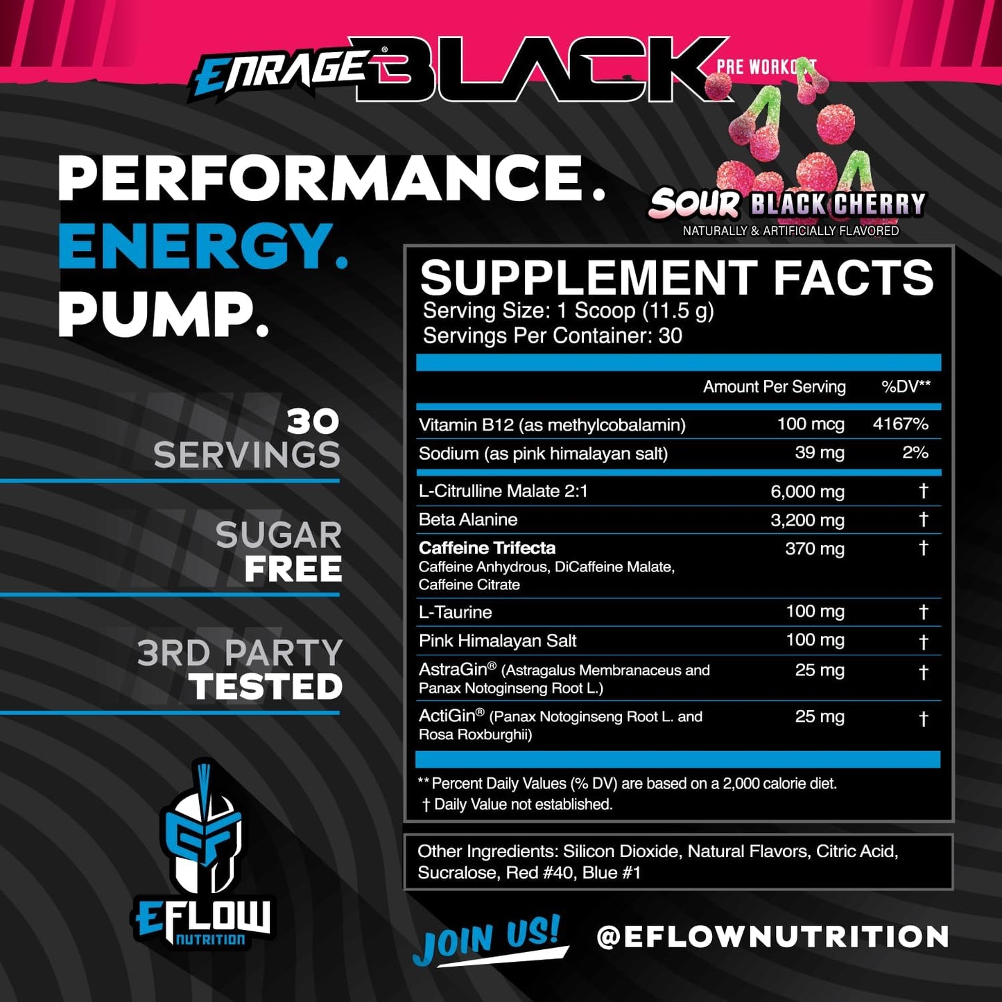 eFlow Nutrition Enrage Black Pre Workout Powder - High Stimulant Supplement for Energy, Pumps, and Strength - Sour Black Cherry Flavor - 30 Servings
