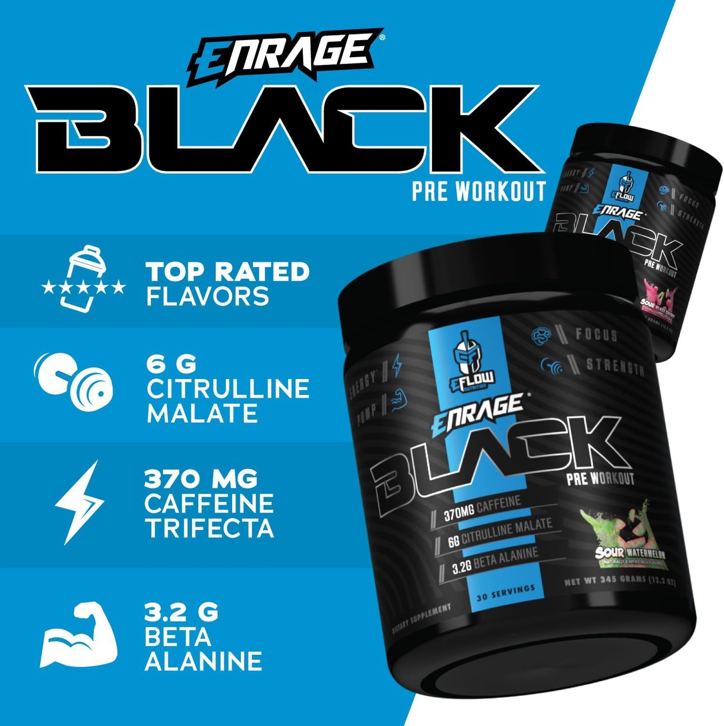eFlow Nutrition Enrage Black Pre Workout Powder - High Stimulant Supplement for Energy, Pumps, and Strength - Sour Black Cherry Flavor - 30 Servings