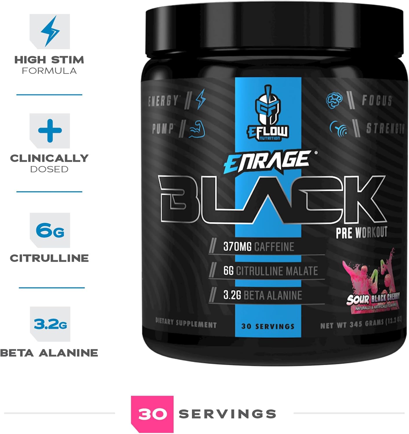 eFlow Nutrition Enrage Black Pre Workout Powder - High Stimulant Supplement for Energy, Pumps, and Strength - Sour Black Cherry Flavor - 30 Servings