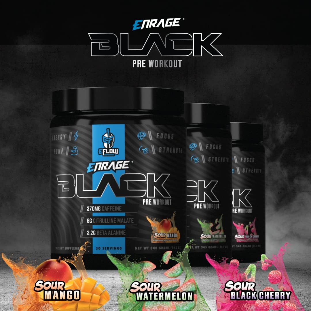 eFlow Nutrition Enrage Black Pre Workout Powder - High Stimulant Supplement for Energy, Pumps, and Strength - Sour Black Cherry Flavor - 30 Servings