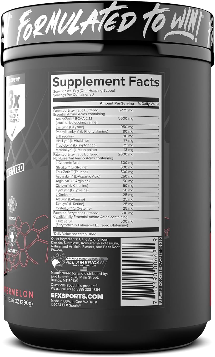 EFX Sports Aminozorb Elite 21 - Full Spectrum Amino Acids & Glutamine - Zero Sugar - Watermelon Flavor - 30 Servings