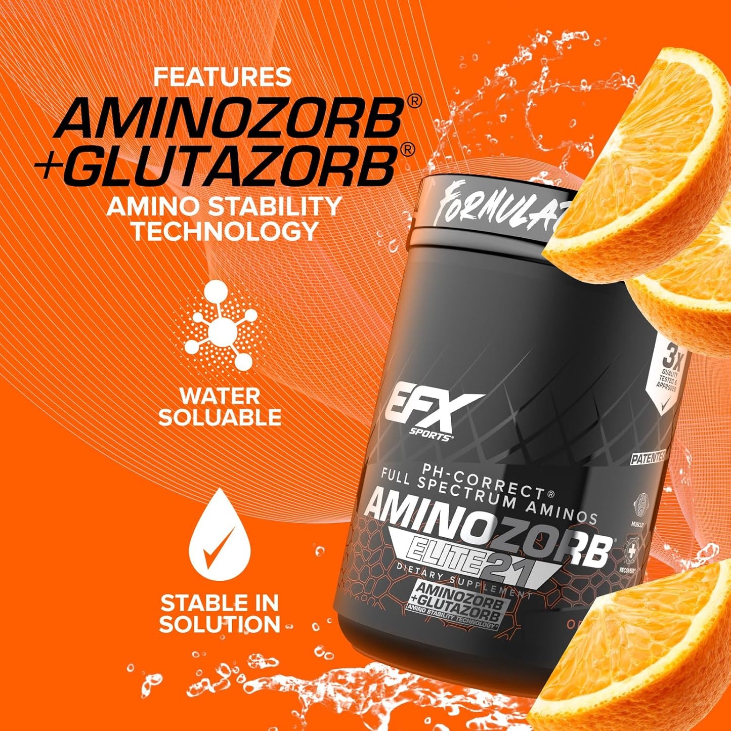 EFX Sports Aminozorb Elite 21 Orange Splash - PH-Correct Full Spectrum Amino Blend with Glutamine - 30 Servings, No Sugar