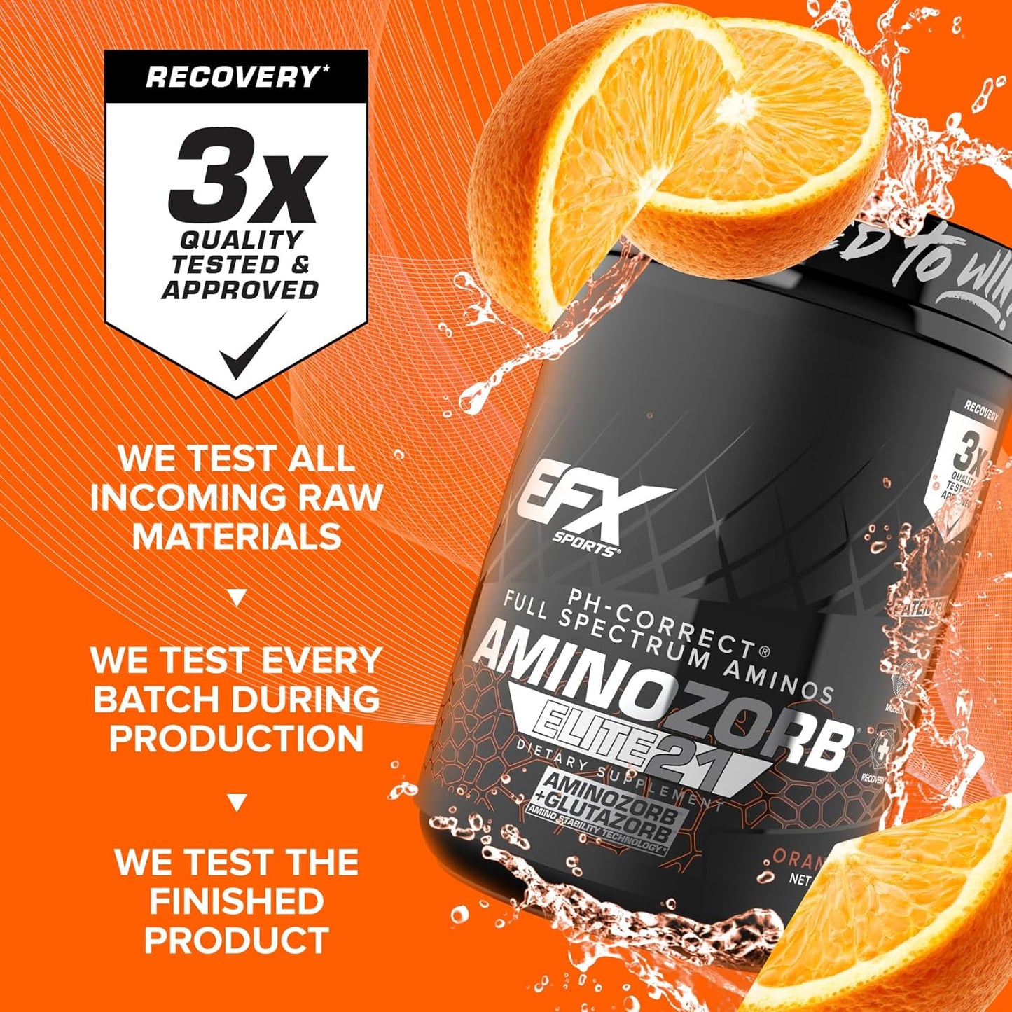 EFX Sports Aminozorb Elite 21 Orange Splash - PH-Correct Full Spectrum Amino Blend with Glutamine - 30 Servings, No Sugar