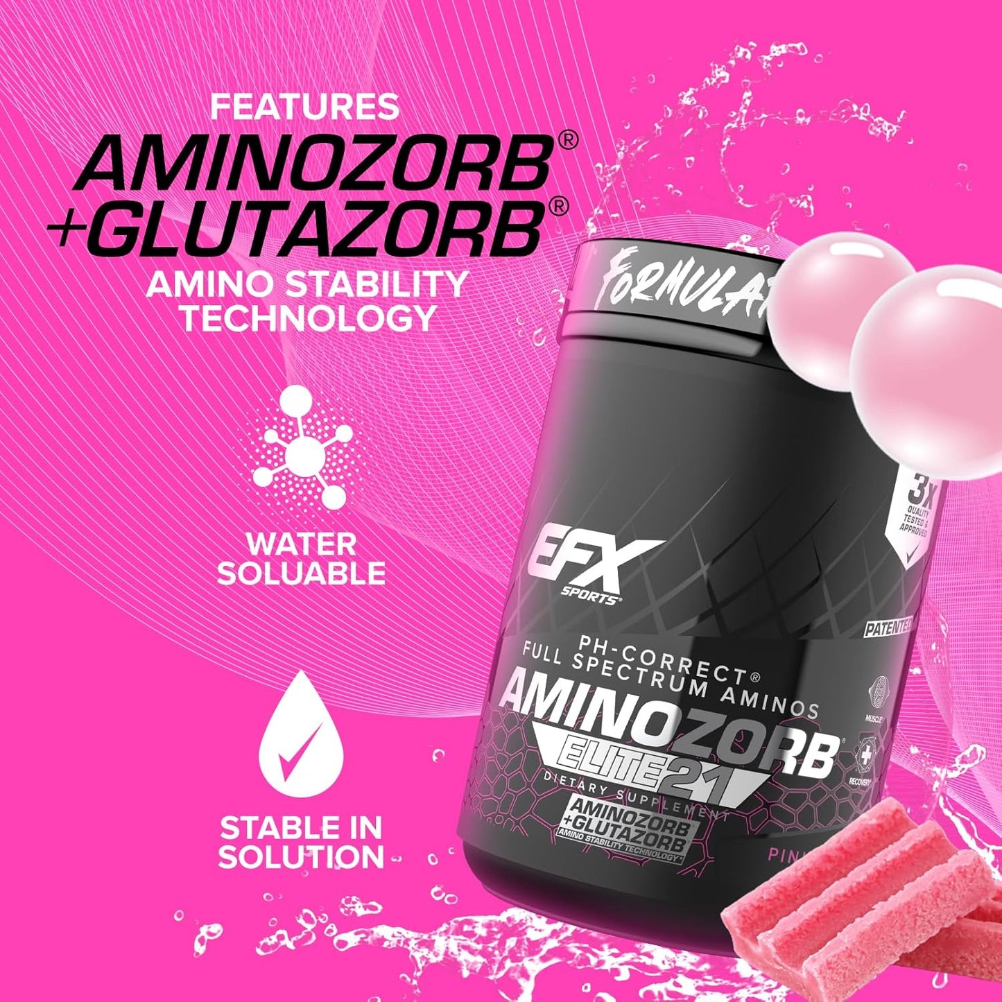 EFX Sports Aminozorb Elite 21 Pink Bubblegum - PH-Correct, Full Spectrum Amino Acids with Glutamine - Non-Essential & Essential Aminos - Zero Sugars - 30 Servings