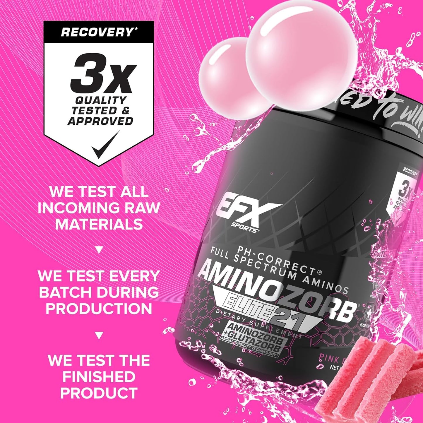 EFX Sports Aminozorb Elite 21 Pink Bubblegum - PH-Correct, Full Spectrum Amino Acids with Glutamine - Non-Essential & Essential Aminos - Zero Sugars - 30 Servings