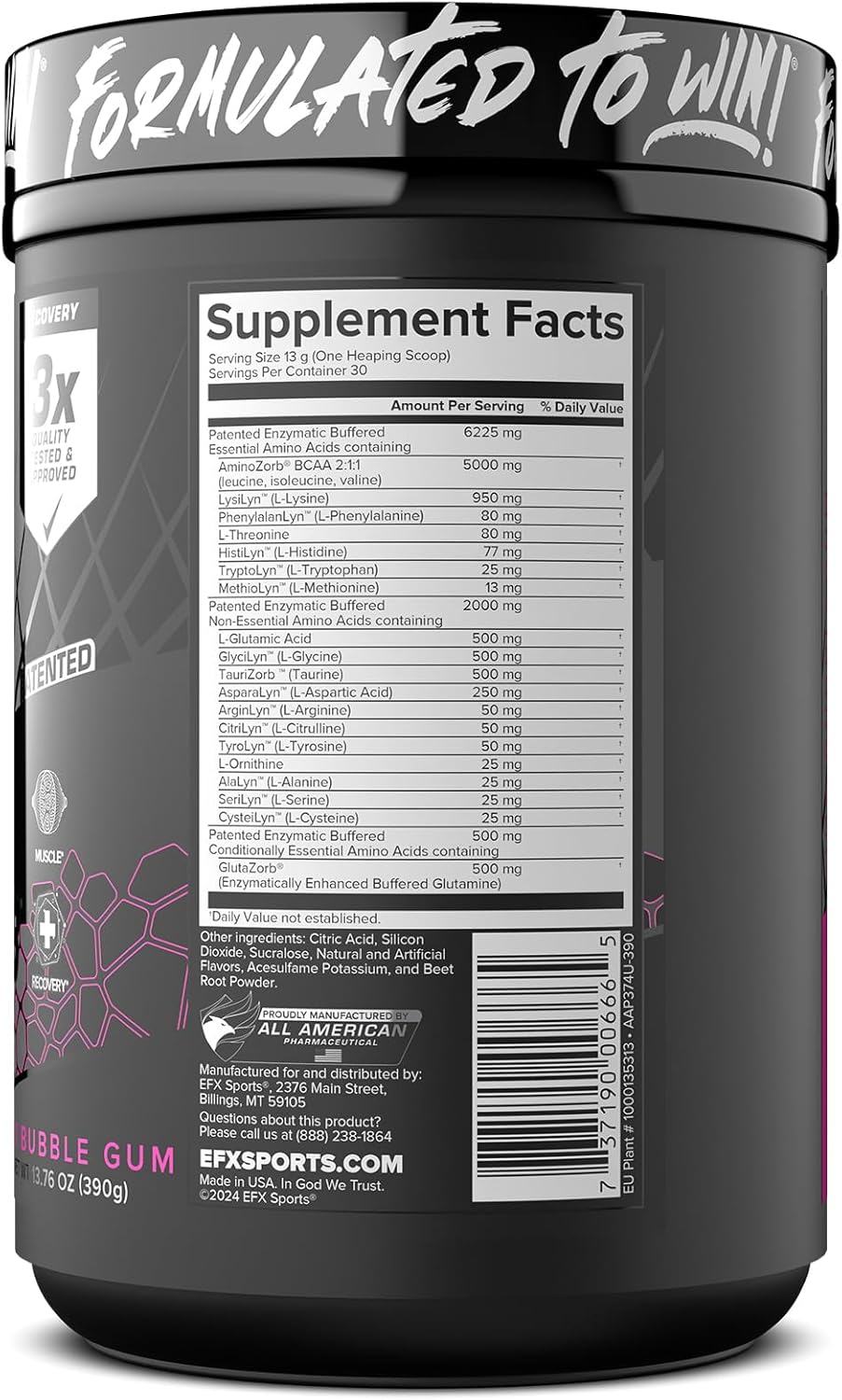 EFX Sports Aminozorb Elite 21 Pink Bubblegum - PH-Correct, Full Spectrum Amino Acids with Glutamine - Non-Essential & Essential Aminos - Zero Sugars - 30 Servings