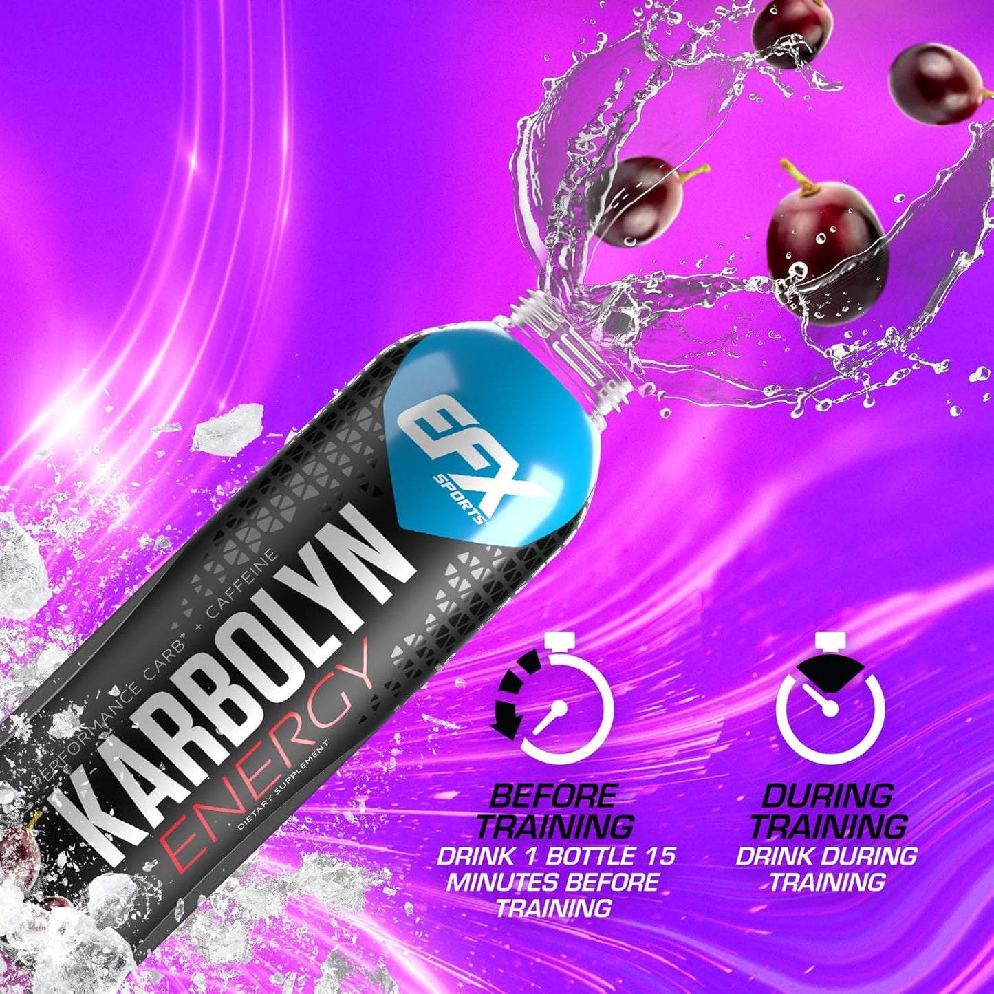 EFX Sports Karbolyn Energy Drink - Sugar-Free Pre, Intra, Post Workout Carb Drink - 250mg Caffeine - Grape Flavor - 12 Pack
