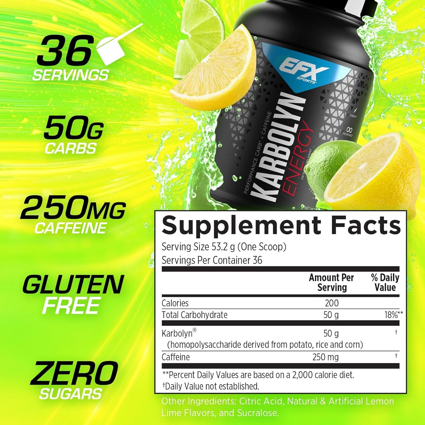 EFX Sports Karbolyn Energy Powder with Caffeine - Sugar Free Carb Load & Energize Supplement - Lemon Lime Flavor - 36 Servings