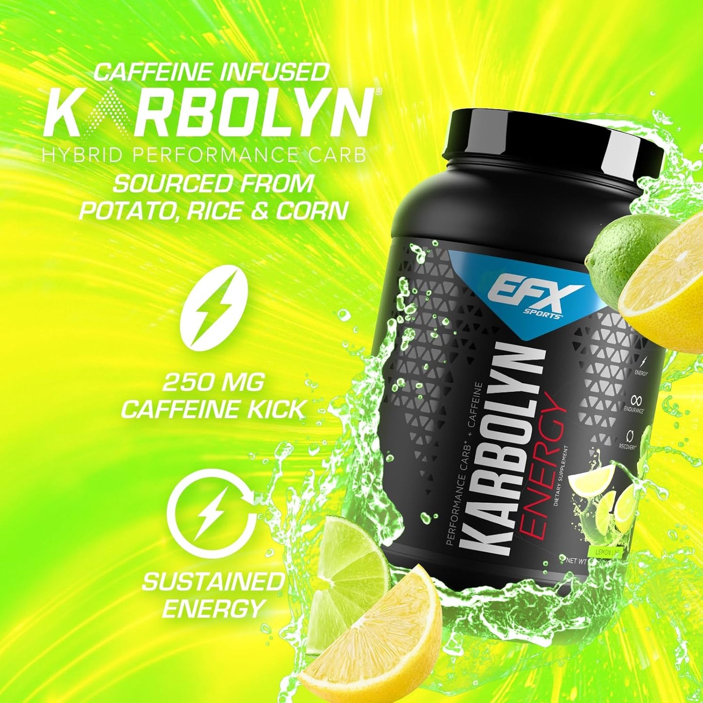 EFX Sports Karbolyn Energy Powder with Caffeine - Sugar Free Carb Load & Energize Supplement - Lemon Lime Flavor - 36 Servings