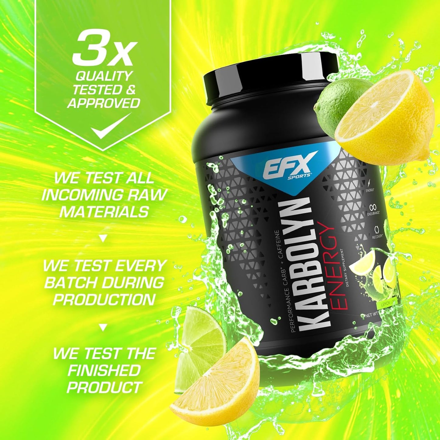 EFX Sports Karbolyn Energy Powder with Caffeine - Sugar Free Carb Load & Energize Supplement - Lemon Lime Flavor - 36 Servings