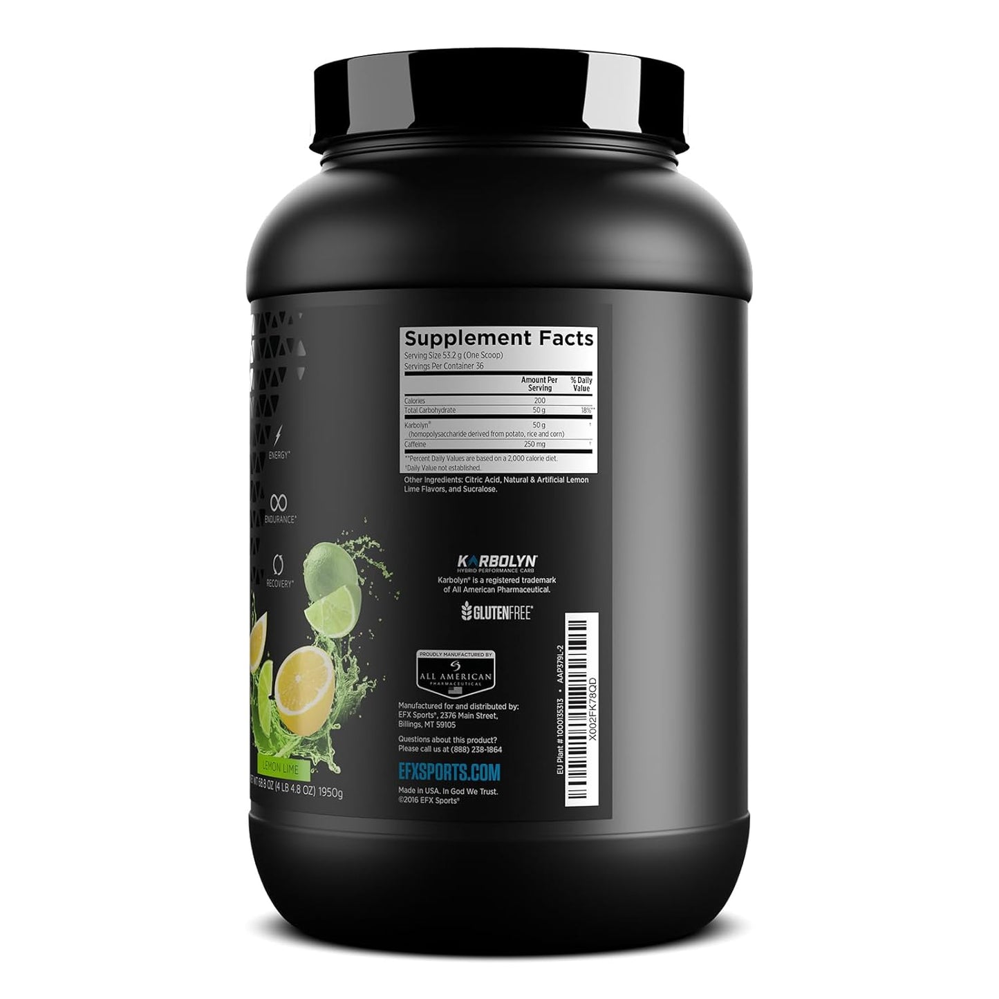 EFX Sports Karbolyn Energy Powder with Caffeine - Sugar Free Carb Load & Energize Supplement - Lemon Lime Flavor - 36 Servings