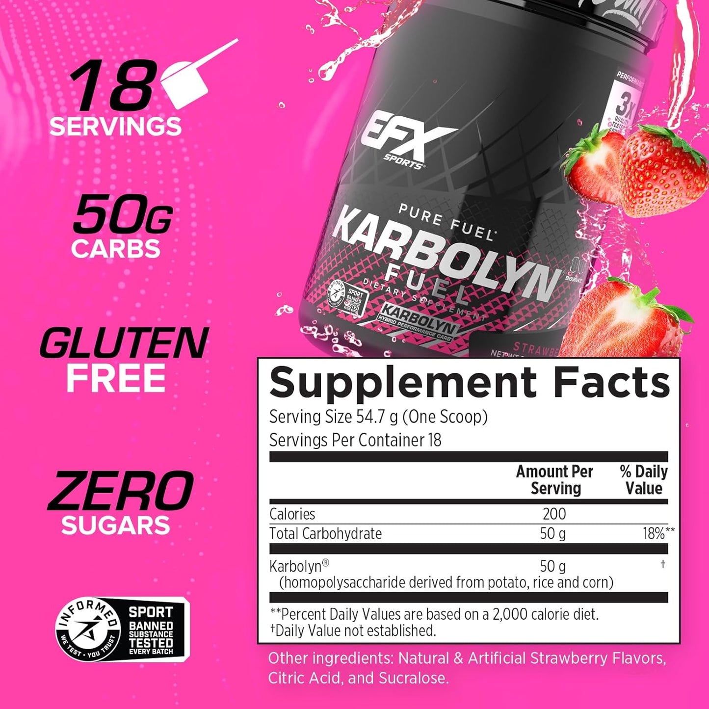 EFX Sports Karbolyn Fuel - Strawberry Flavor | Fast-Absorbing Carbohydrate Powder for Carb Loading, Energy, and Recovery | Stimulant-Free Formula | 18 Servings