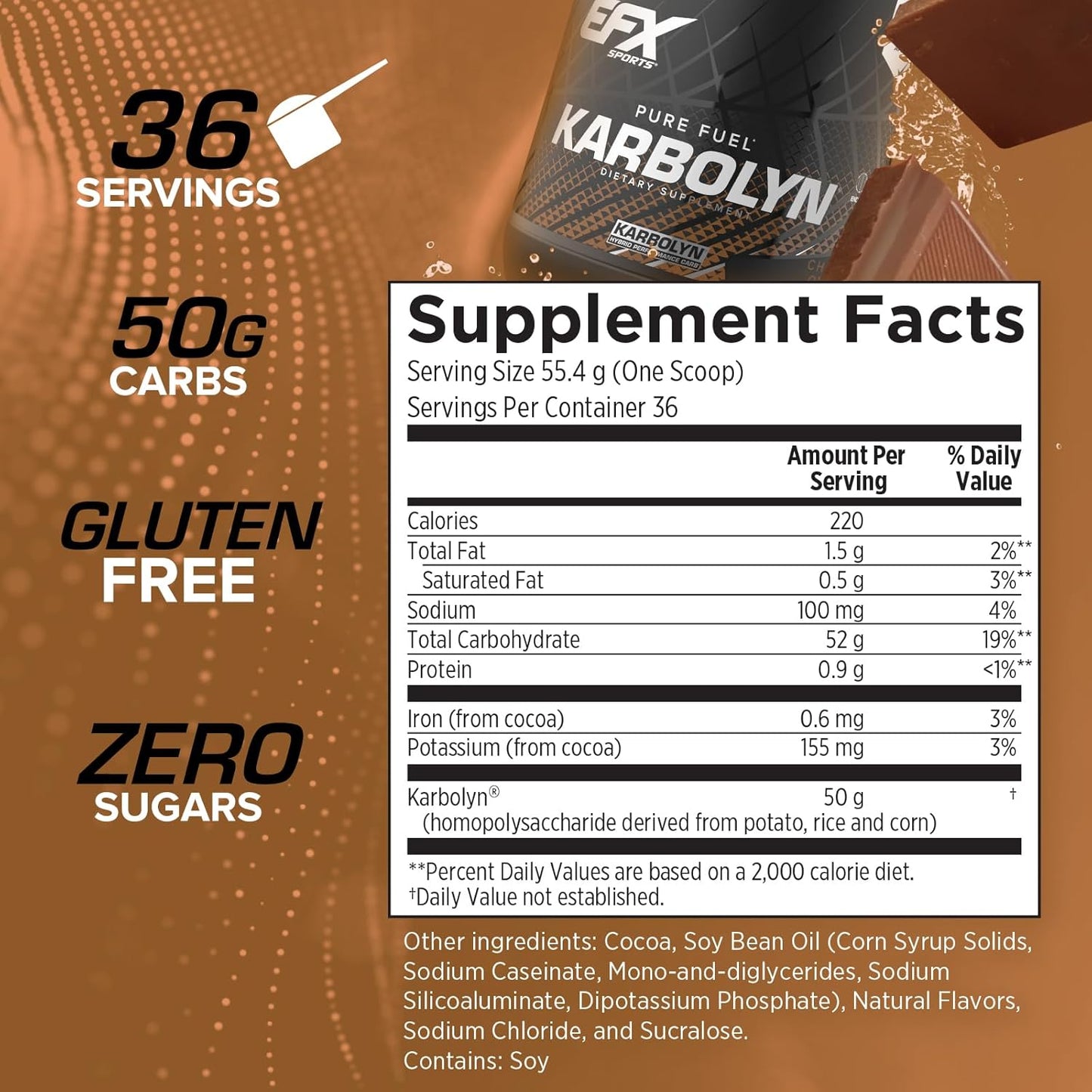EFX Sports Karbolyn Fuel Carb Powder - Chocolate Overload - 36 Servings - Fast Absorbing, Sustained Energy, Quick Recovery - Stimulant Free