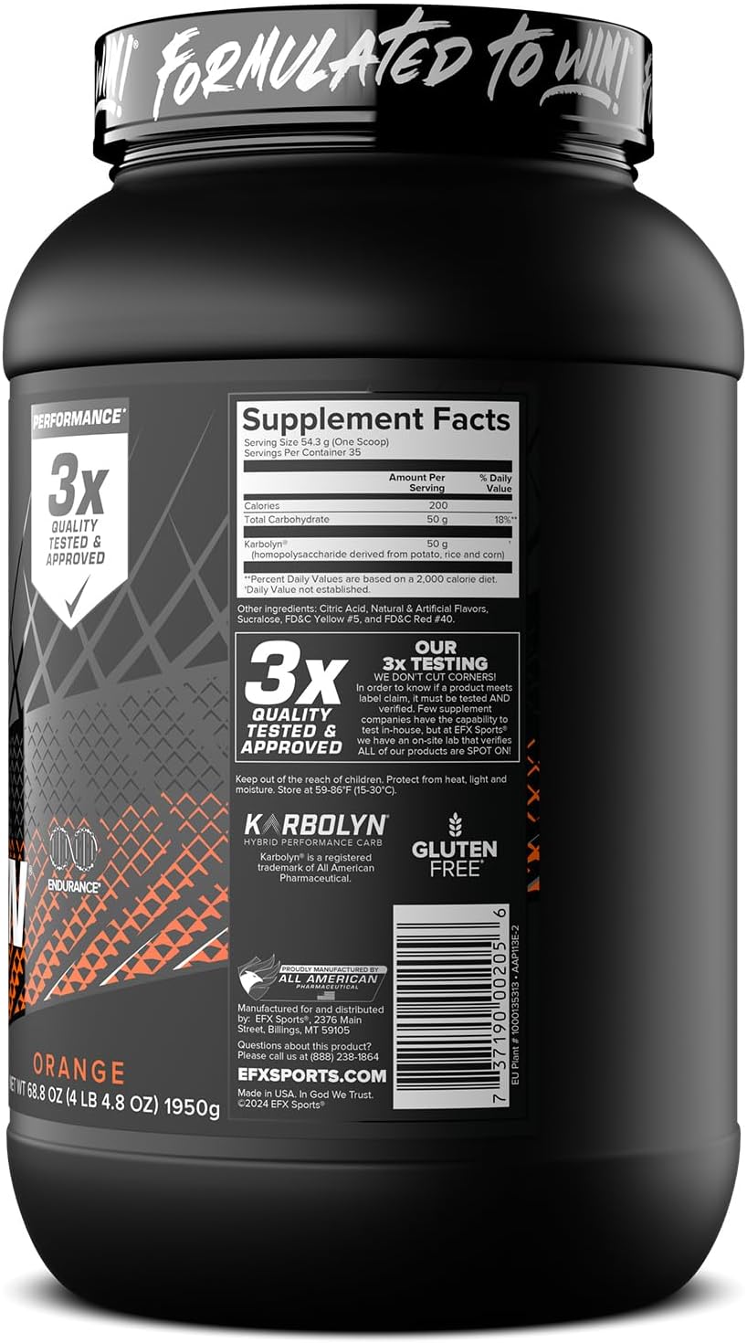 EFX Sports Karbolyn Fuel Carbohydrate Powder - Fast Absorption, Sustained Energy, Quick Recovery - Orange Flavor, 35 Servings