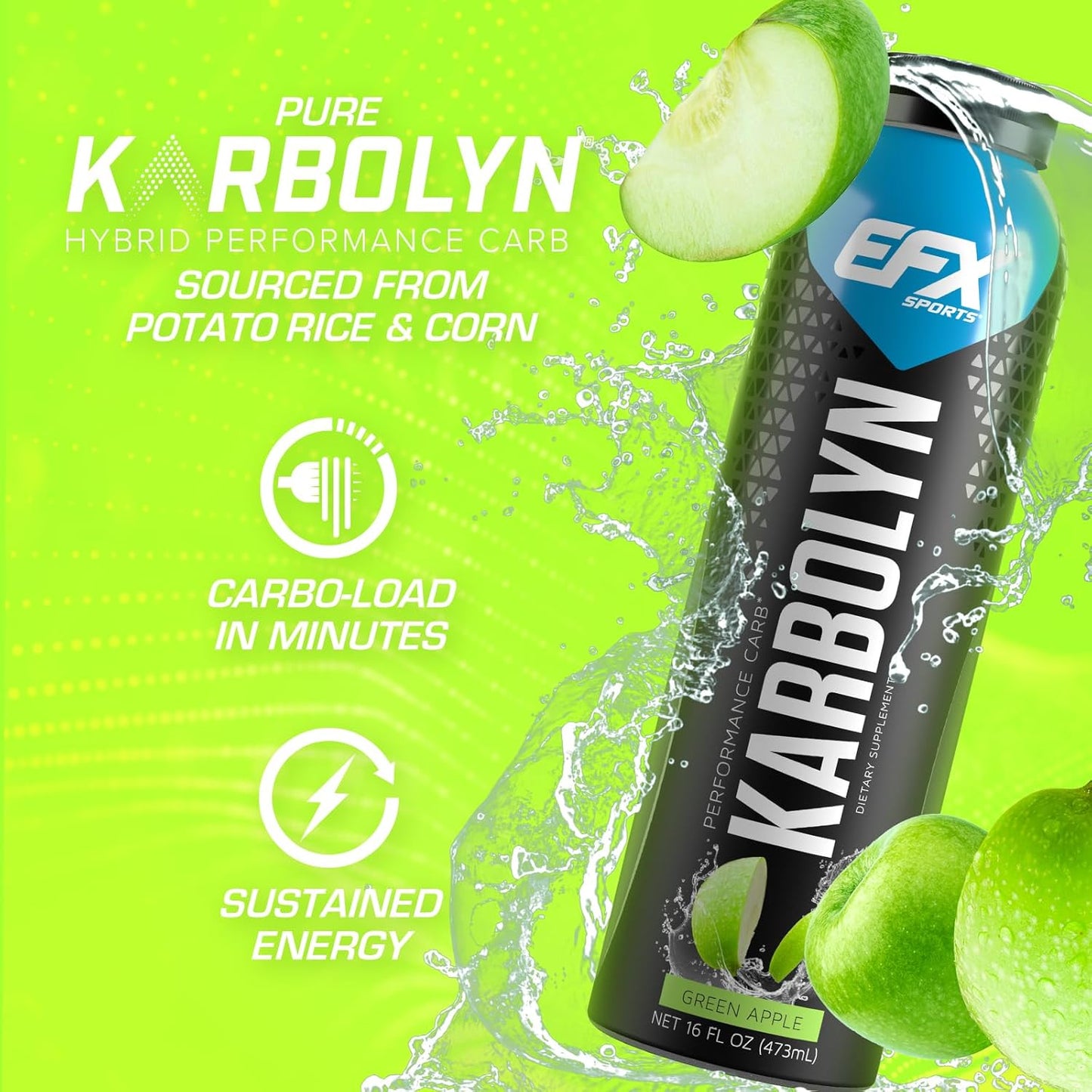 EFX Sports Karbolyn Fuel Drink - Carb Load for Sustained Energy | Pre, Intra, Post Workout | Green Apple Flavor | 12 Pack