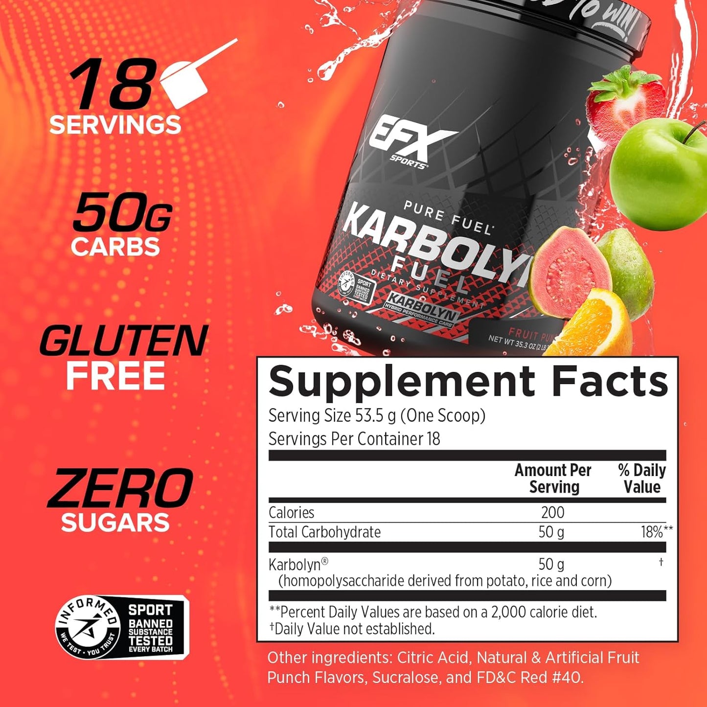EFX Sports Karbolyn Fuel: Fast-Absorbing Carbohydrate Powder for Carb Loading, Sustained Energy, and Quick Recovery - Fruit Punch Flavor - 18 Servings
