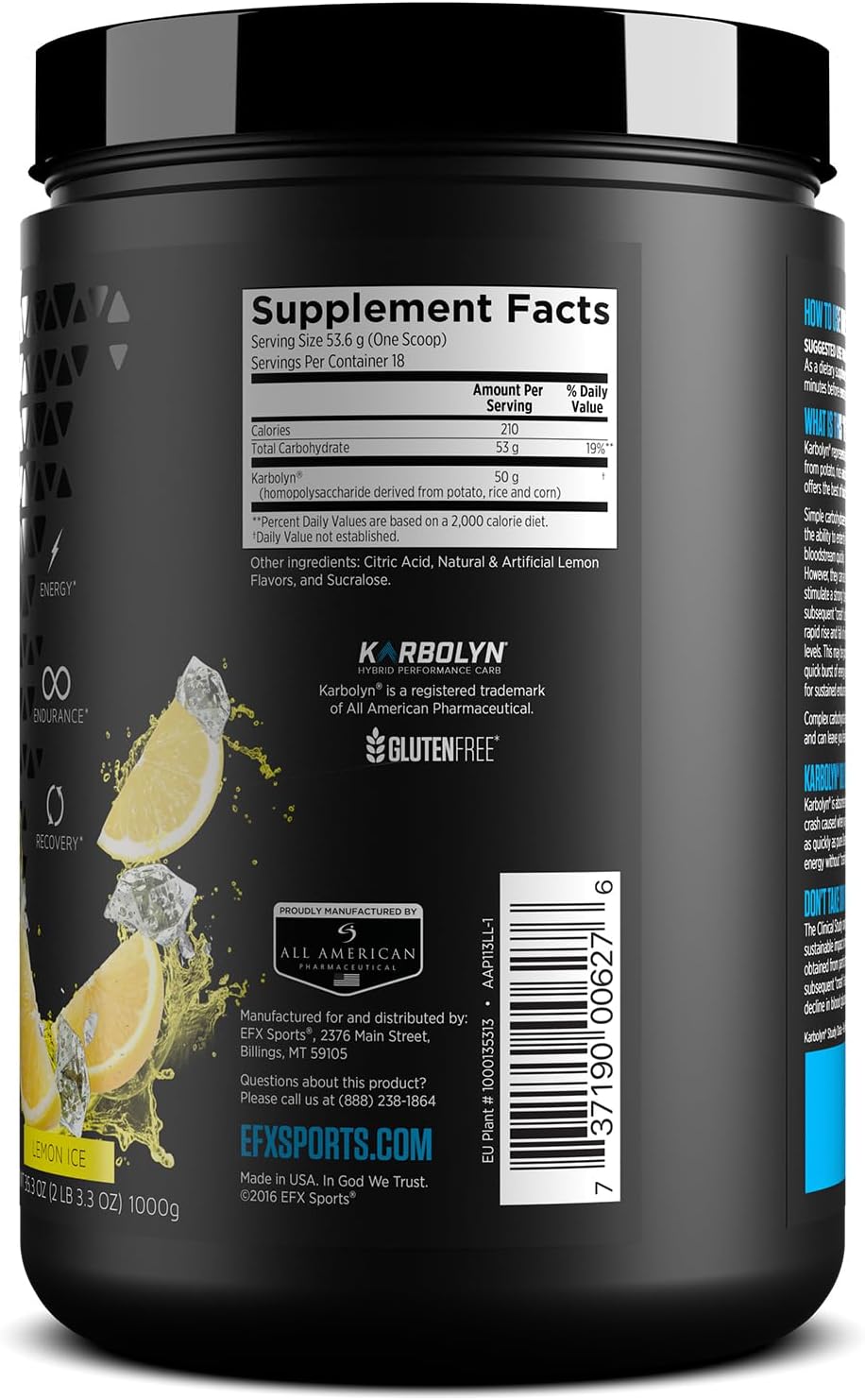 EFX Sports Karbolyn Fuel Lemon Ice - Fast-Absorbing Carb Powder for Energy & Recovery - Stimulant Free - 18 Servings