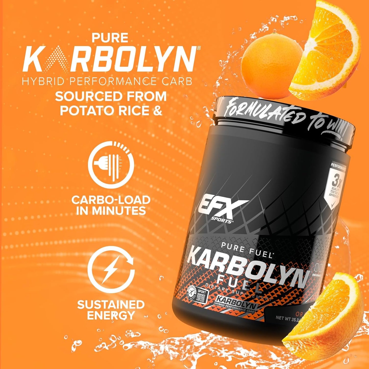 EFX Sports Karbolyn Fuel Powder - Fast-Absorbing Carbs for Energy & Recovery - Orange Flavor, 18 Servings