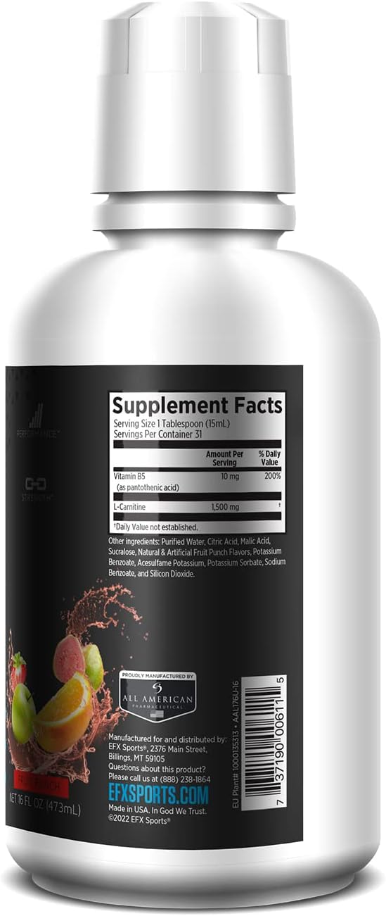 EFX Sports L-Carnitine Liquid 1500mg with Vitamin B5 for Enhanced Performance and Strength, Fruit Punch Flavor, 31 Servings