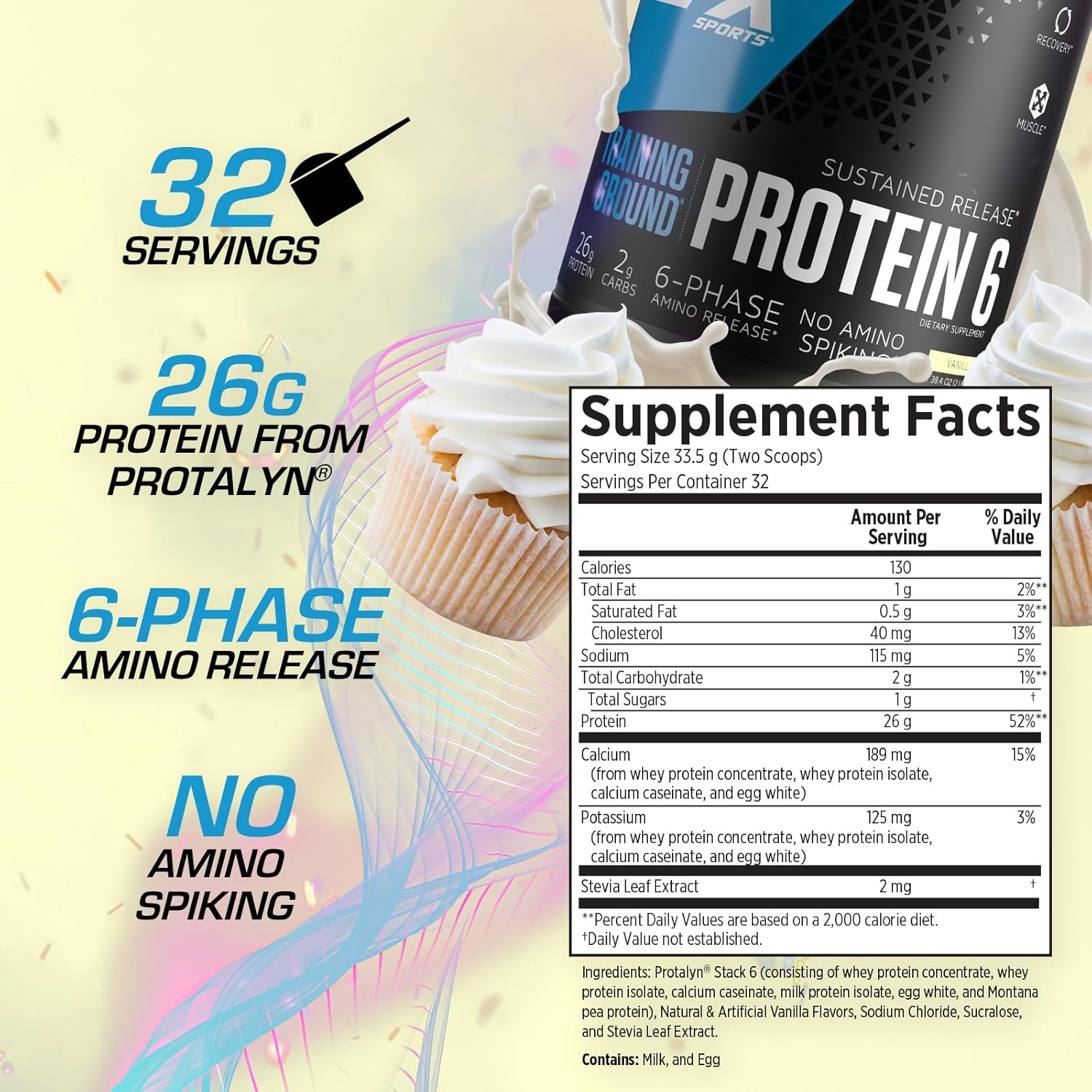 EFX Sports Training Ground Protein 6 Blend | 26g 6-Source Sustained Release Protein Powder | Whey, Egg White, & Pea Protein | 32 Servings Vanilla Flavor