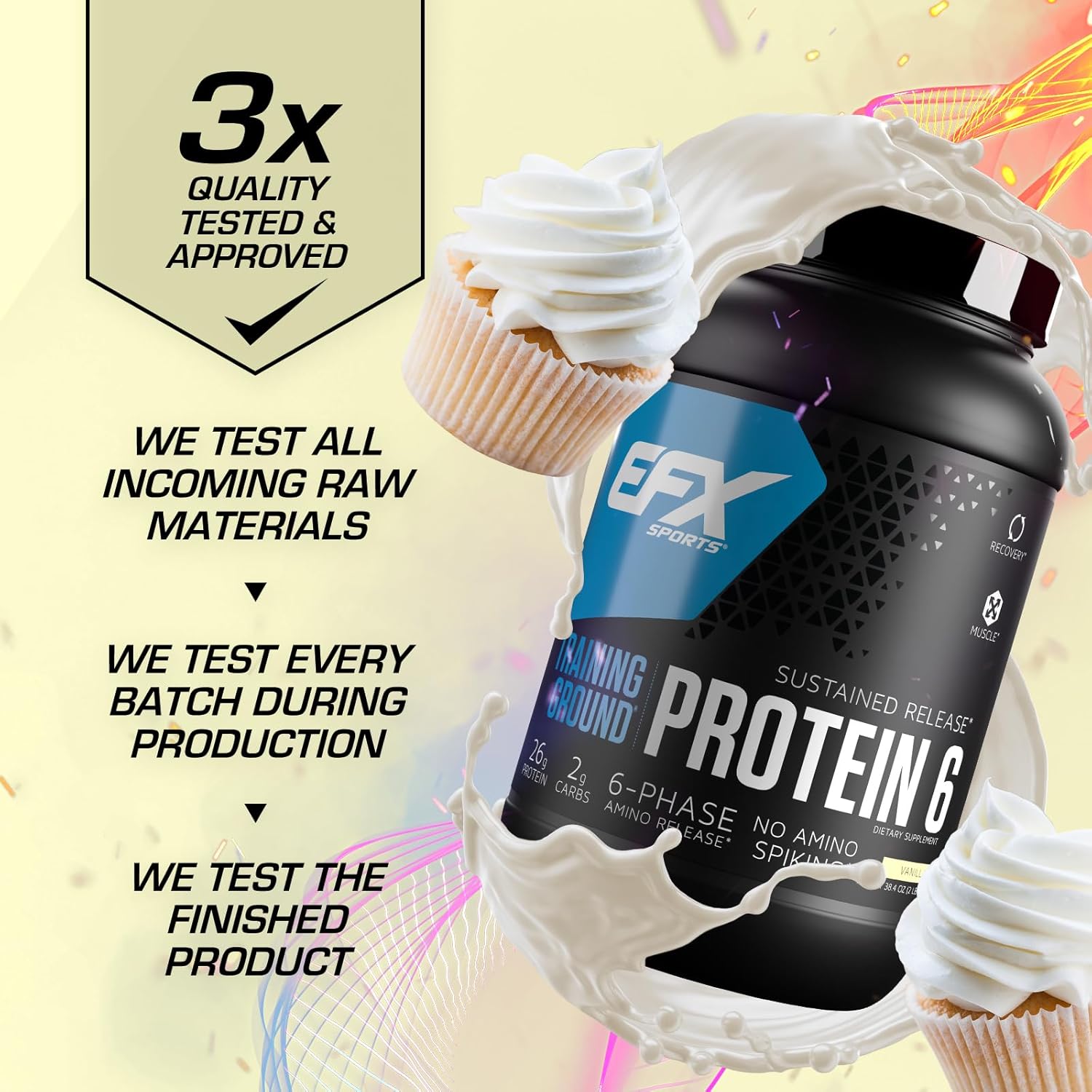 EFX Sports Training Ground Protein 6 Blend | 26g 6-Source Sustained Release Protein Powder | Whey, Egg White, & Pea Protein | 32 Servings Vanilla Flavor