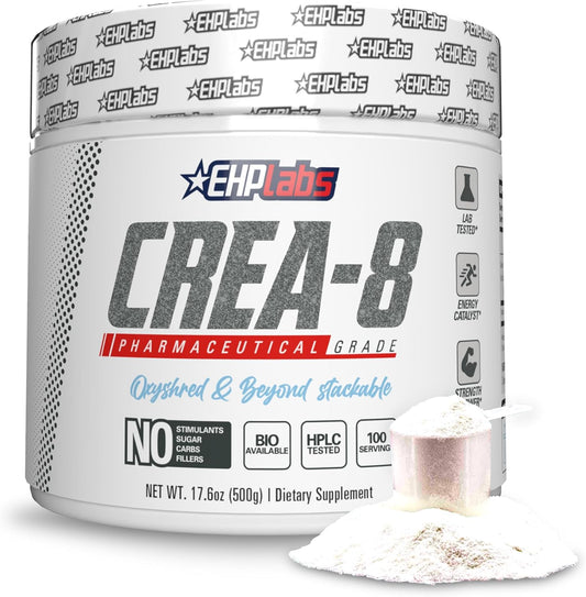 EHP Labs CREA-8 Micronized Creatine Monohydrate Powder - Unflavored, 100 Servings (500g) - Muscle Growth, Strength, Energy, Performance