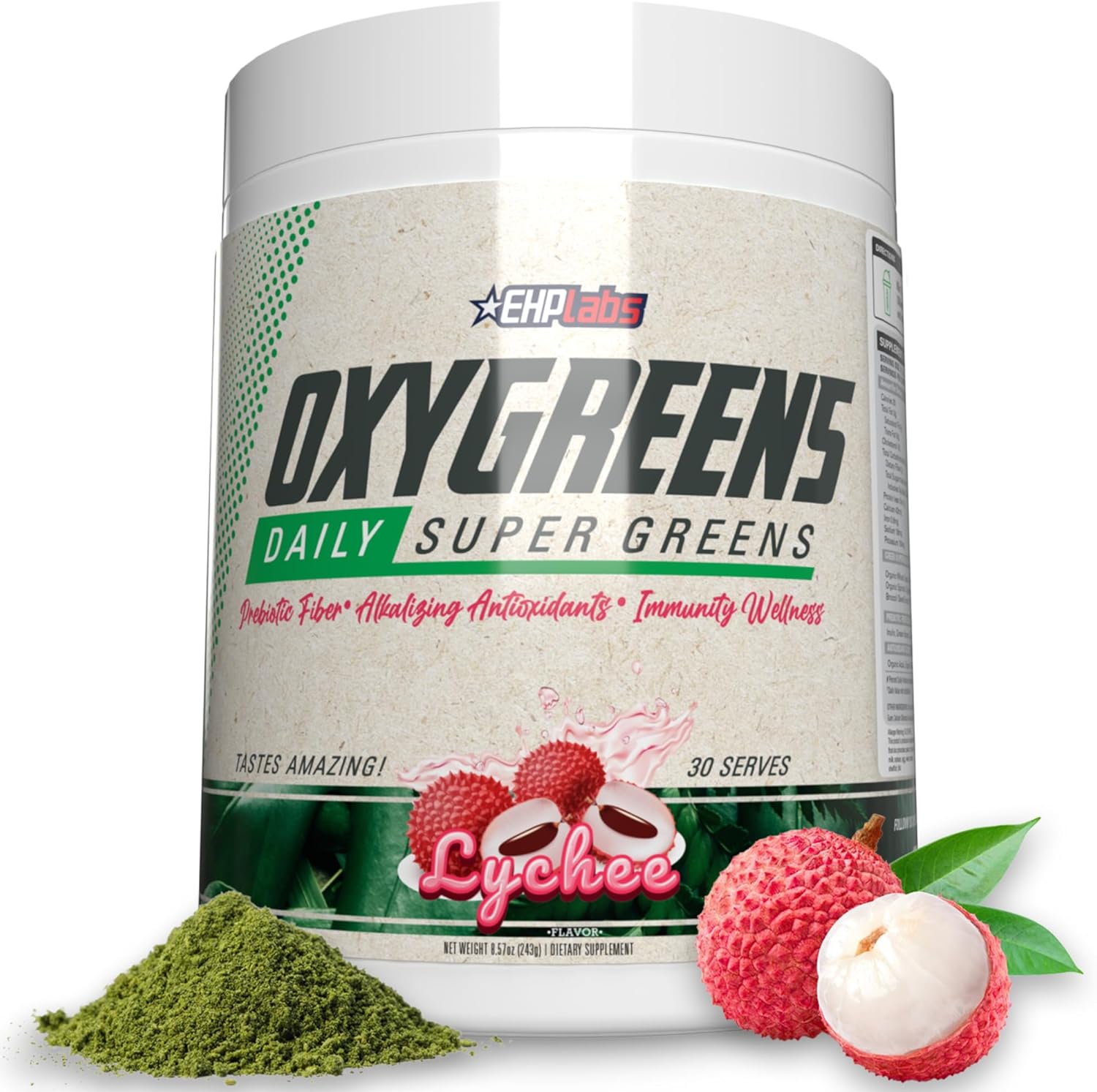 EHP Labs OxyGreens Super Greens Powder - Spirulina & Chlorella Superfood with Prebiotic Fiber & Antioxidants, Immunity Support - 30 Servings, Lychee Flavor