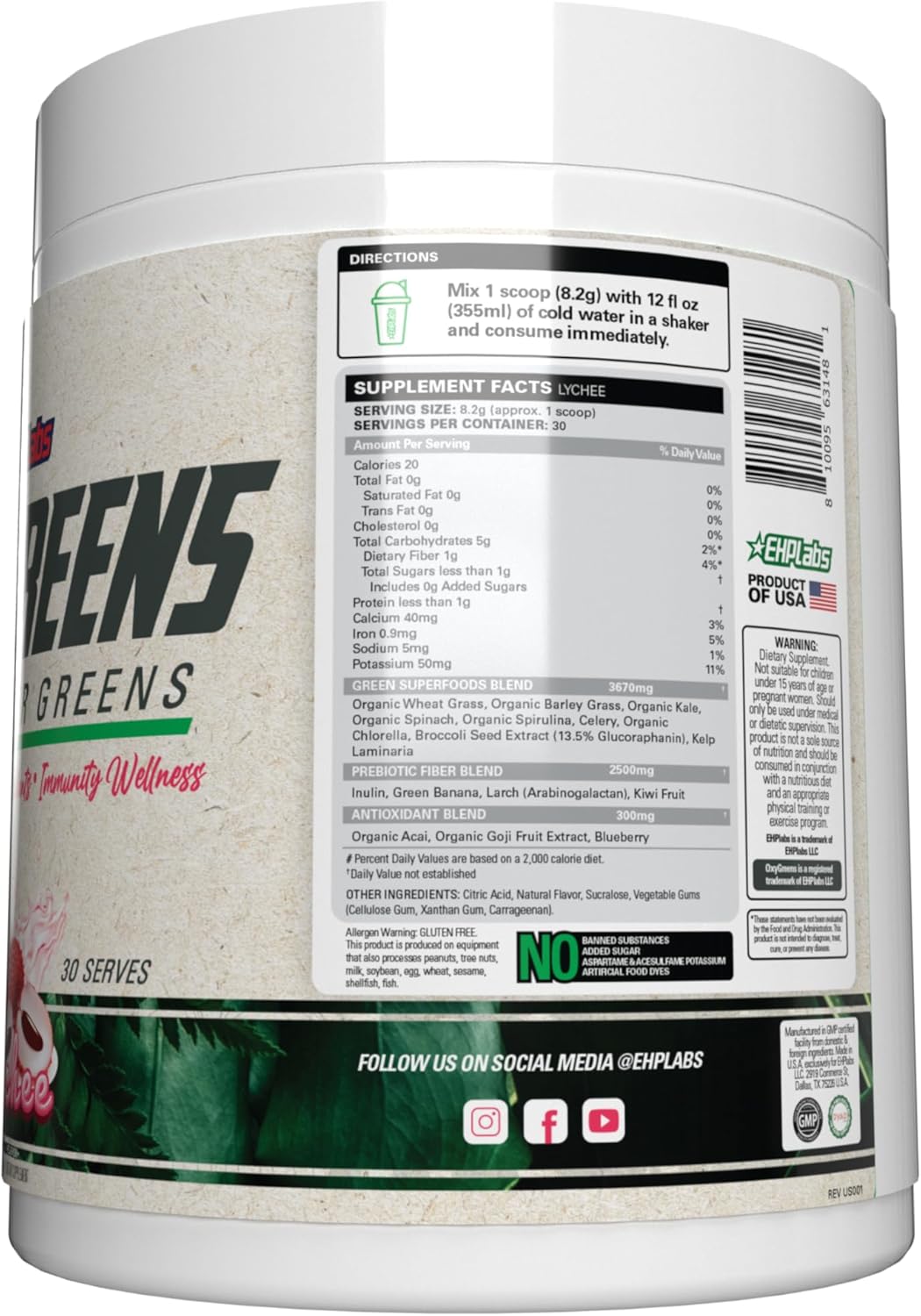 EHP Labs OxyGreens Super Greens Powder - Spirulina & Chlorella Superfood with Prebiotic Fiber & Antioxidants, Immunity Support - 30 Servings, Lychee Flavor