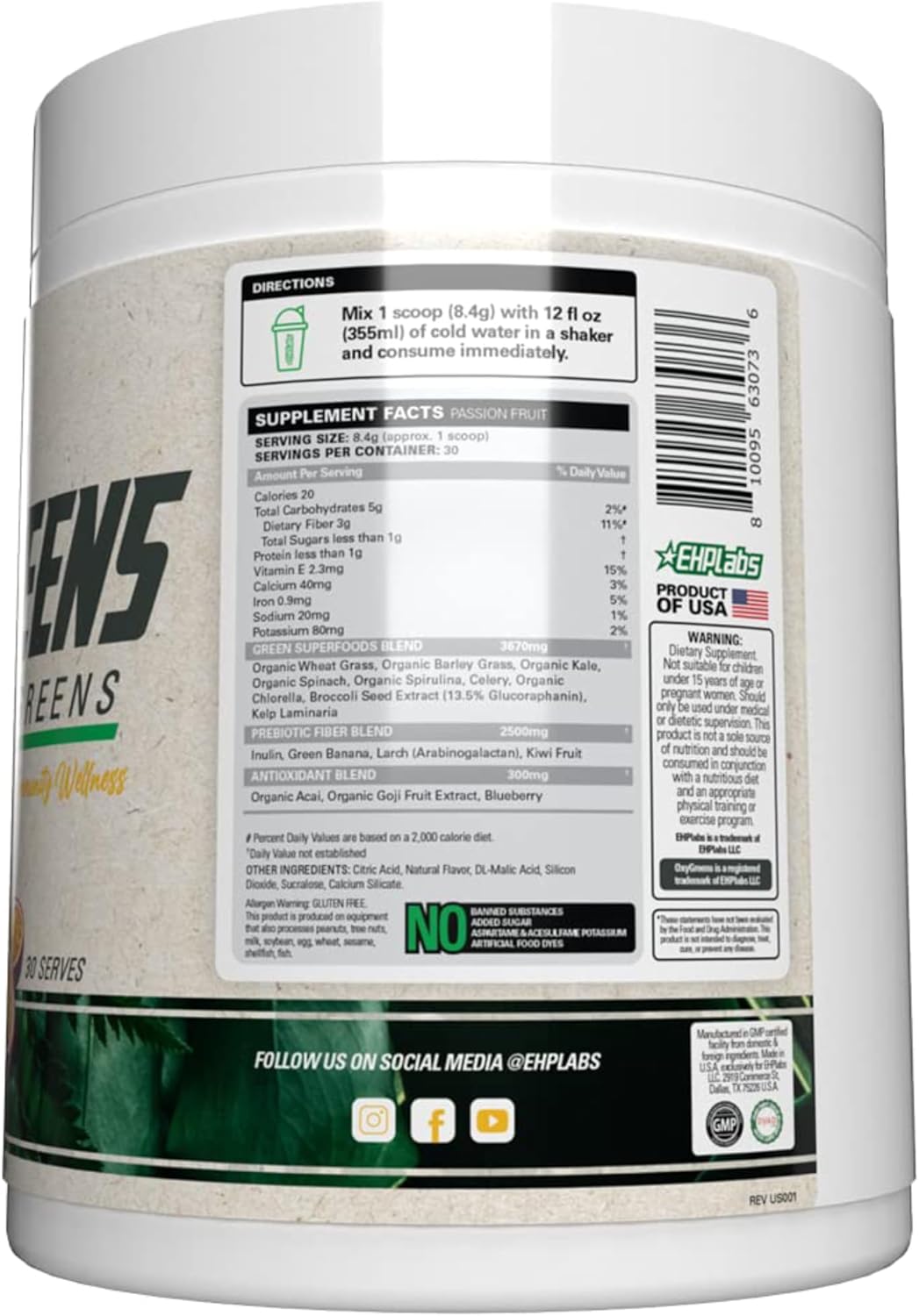 EHP Labs OxyGreens Super Greens Powder - Spirulina & Chlorella Superfood with Prebiotic Fiber & Antioxidants, Immunity Support - 30 Servings