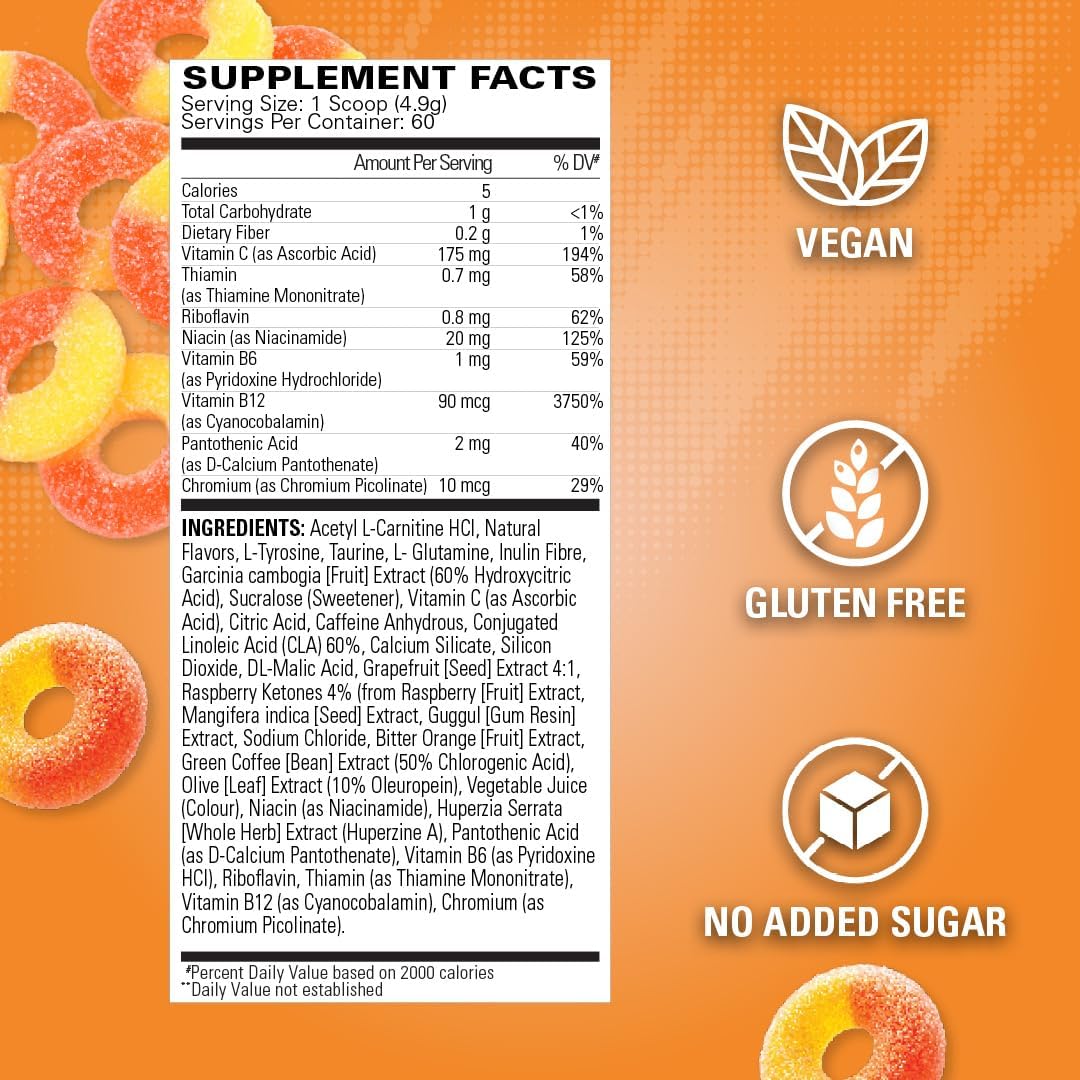 EHP Labs OxyShred Peach Candy Rings Pre Workout Powder - Energy Boost Drink with L Glutamine & Acetyl L Carnitine - 60 Servings