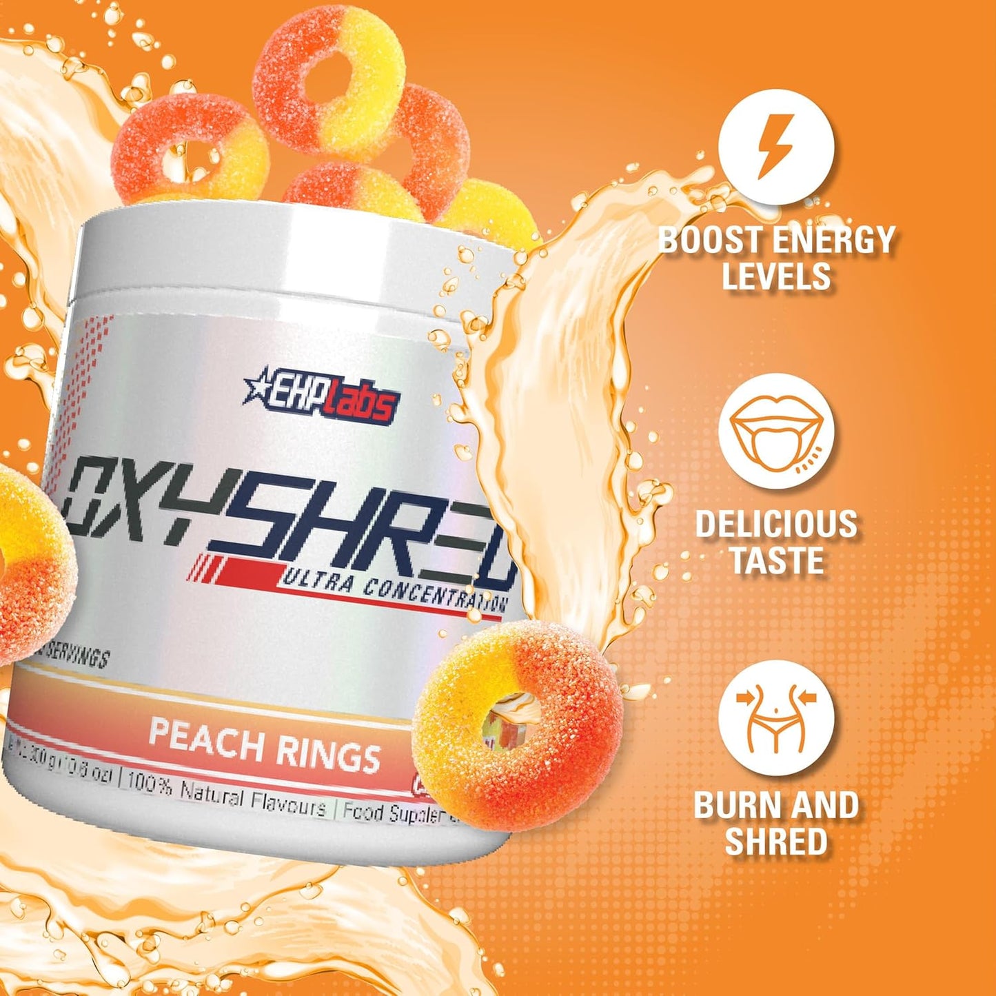 EHP Labs OxyShred Peach Candy Rings Pre Workout Powder - Energy Boost Drink with L Glutamine & Acetyl L Carnitine - 60 Servings