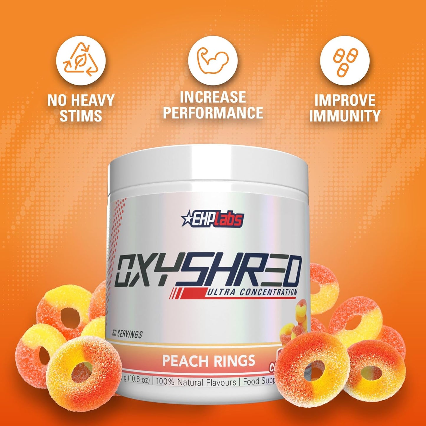 EHP Labs OxyShred Peach Candy Rings Pre Workout Powder - Energy Boost Drink with L Glutamine & Acetyl L Carnitine - 60 Servings