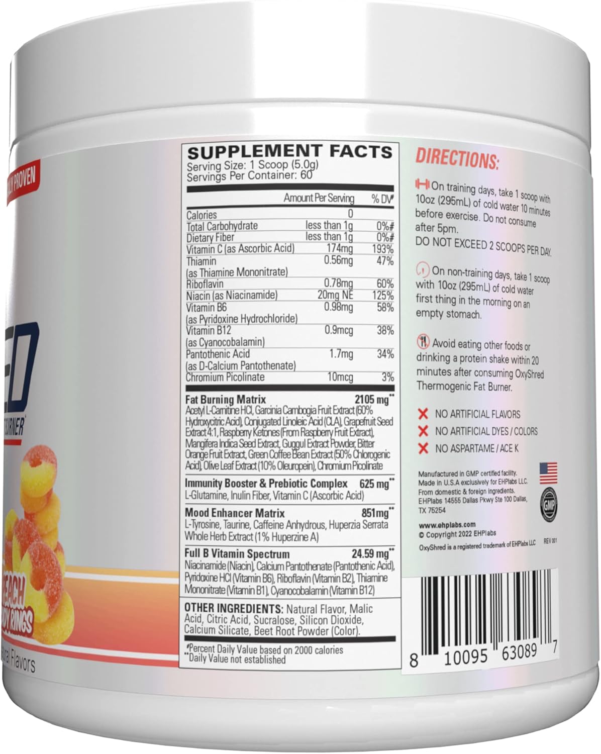 EHP Labs OxyShred Peach Candy Rings Pre Workout Powder - Energy Boost Drink with L Glutamine & Acetyl L Carnitine - 60 Servings