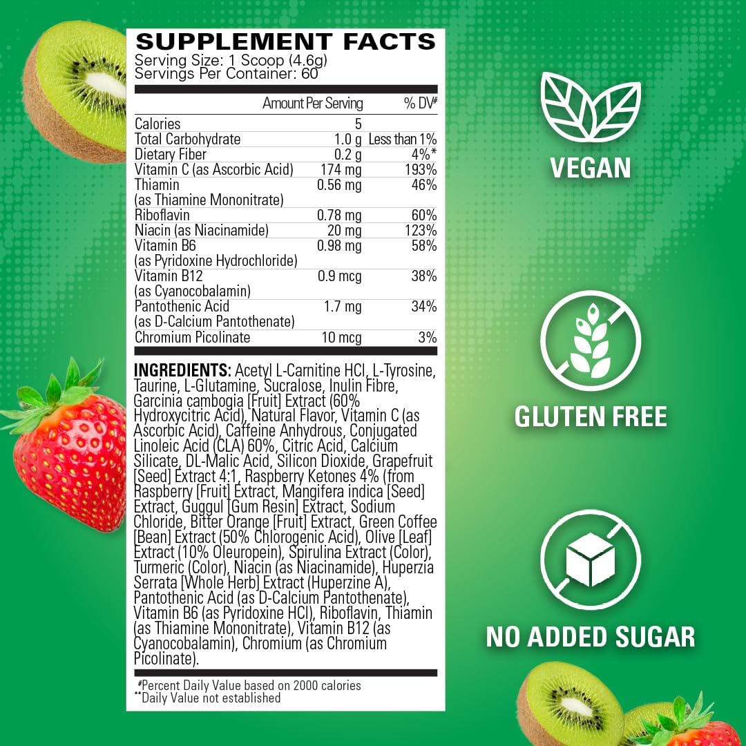 EHP Labs OxyShred Pre Workout Powder - Energizing Kiwi Strawberry Drink with L Glutamine & Acetyl L Carnitine - 60 Servings