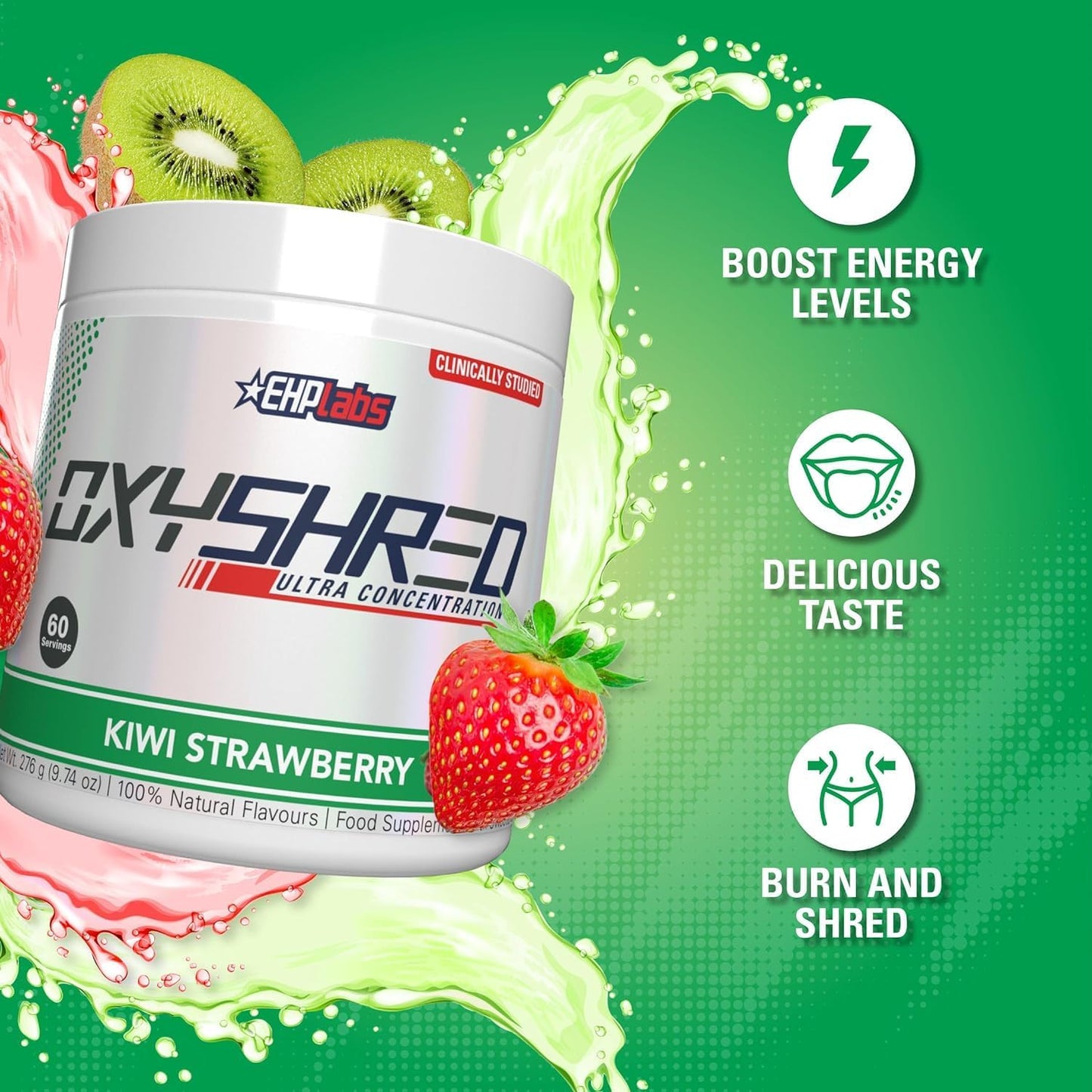 EHP Labs OxyShred Pre Workout Powder - Energizing Kiwi Strawberry Drink with L Glutamine & Acetyl L Carnitine - 60 Servings