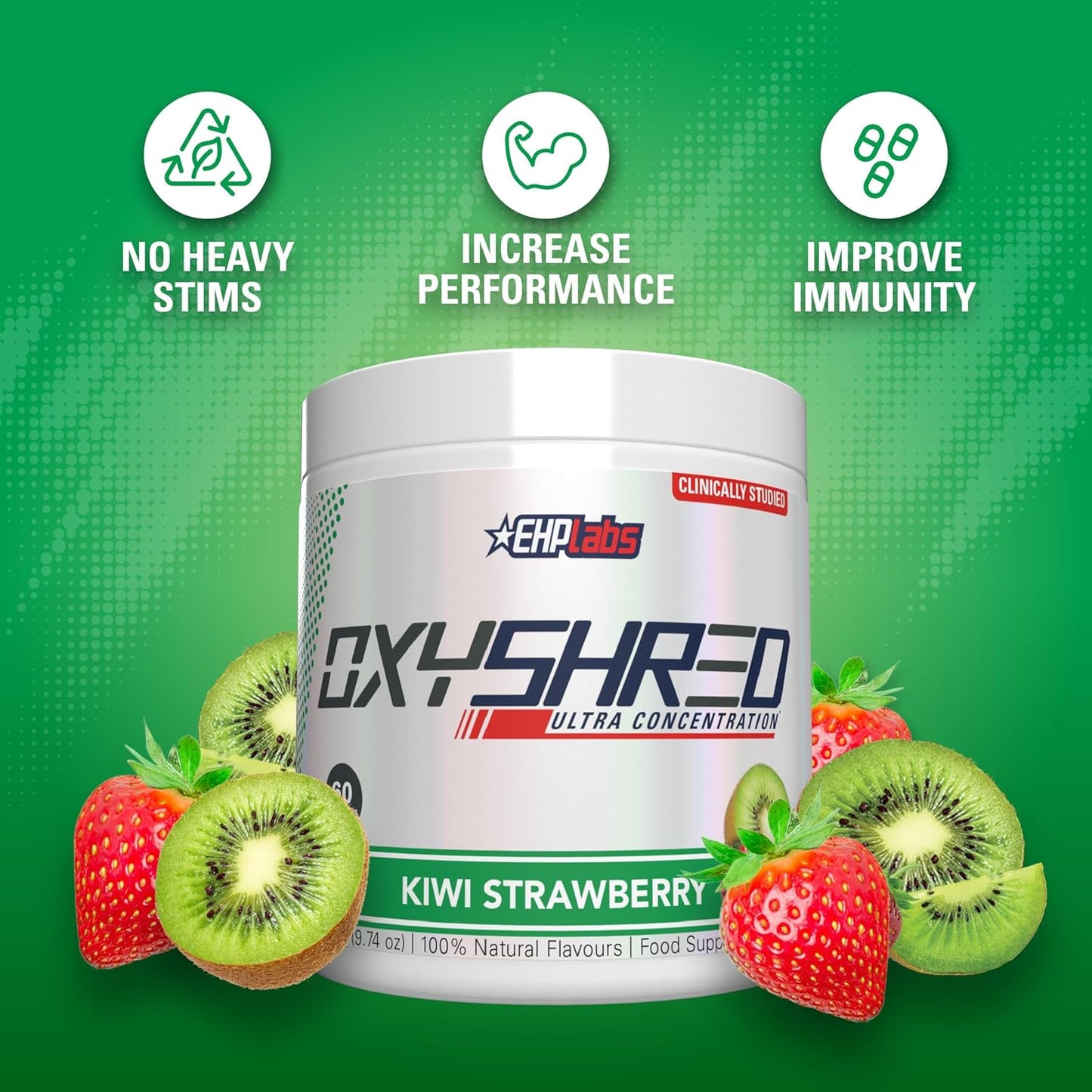 EHP Labs OxyShred Pre Workout Powder - Energizing Kiwi Strawberry Drink with L Glutamine & Acetyl L Carnitine - 60 Servings