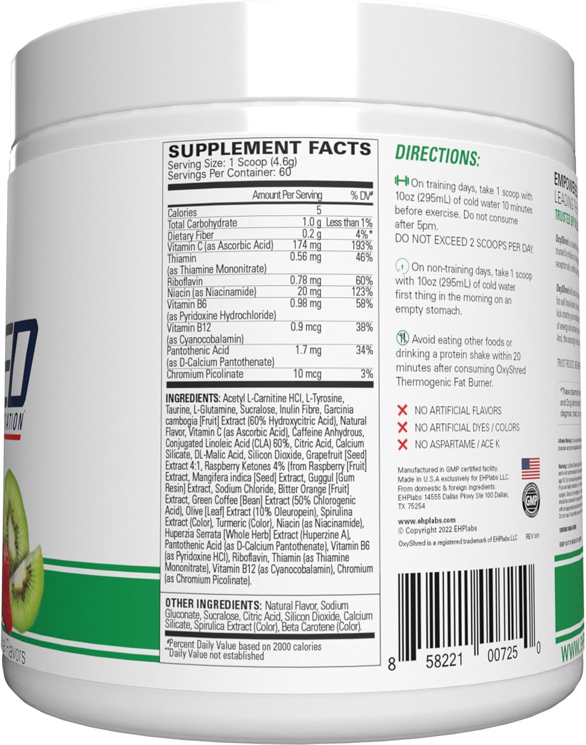 EHP Labs OxyShred Pre Workout Powder - Energizing Kiwi Strawberry Drink with L Glutamine & Acetyl L Carnitine - 60 Servings
