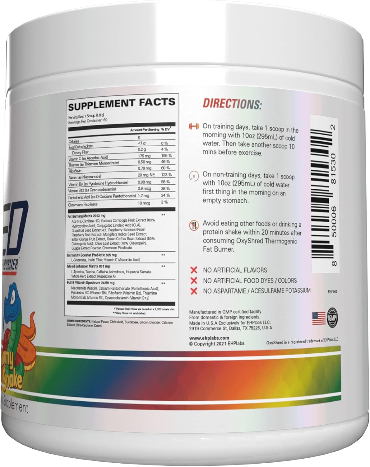EHP Labs OxyShred Pre Workout Powder - Gummy Snake Flavor, 60 Servings, Energy Boost with L Glutamine & Acetyl L Carnitine