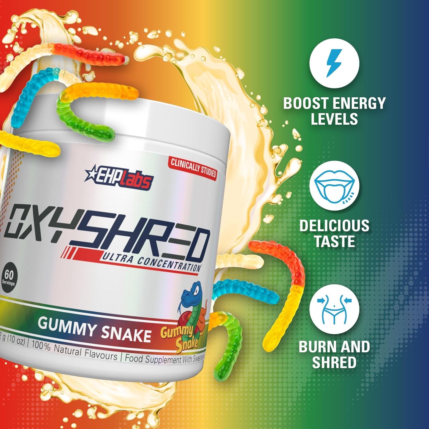 EHP Labs OxyShred Pre Workout Powder - Gummy Snake Flavor, 60 Servings, Energy Boost with L Glutamine & Acetyl L Carnitine