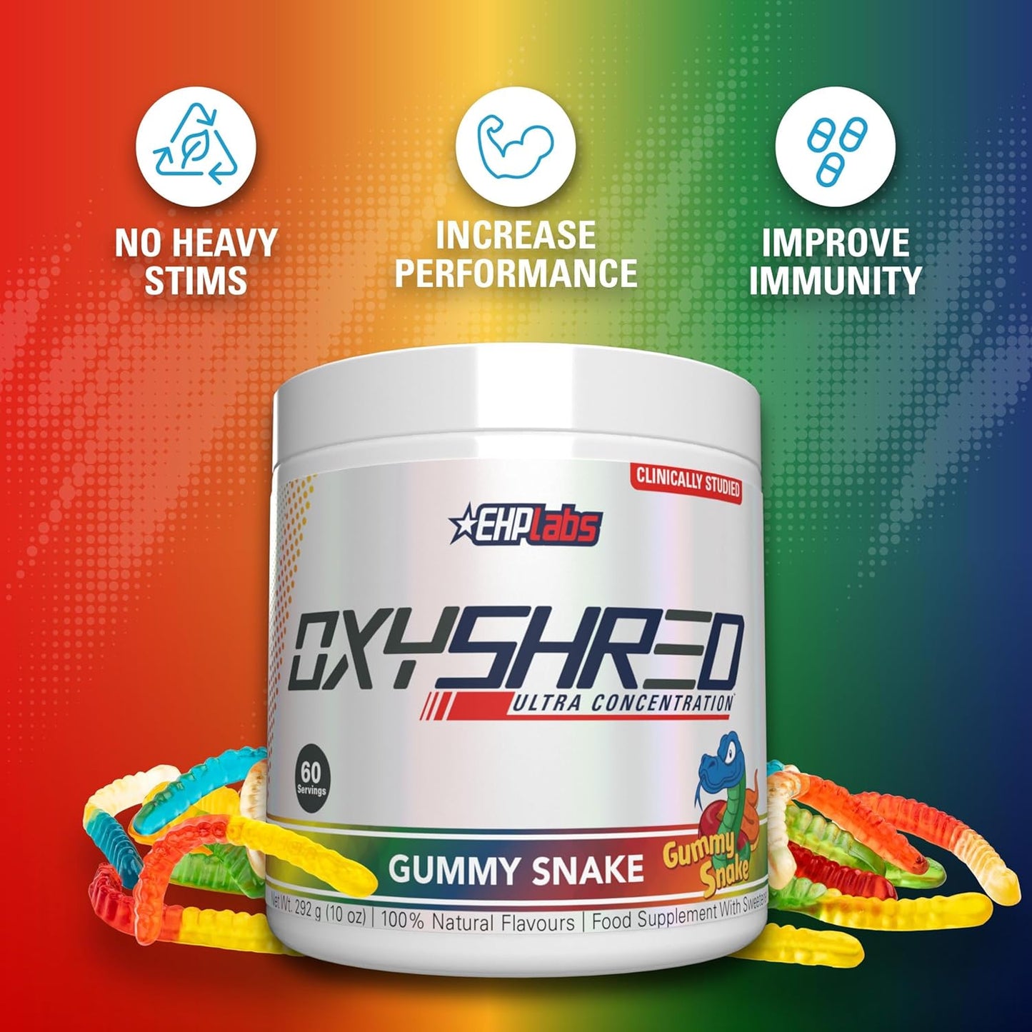 EHP Labs OxyShred Pre Workout Powder - Gummy Snake Flavor, 60 Servings, Energy Boost with L Glutamine & Acetyl L Carnitine