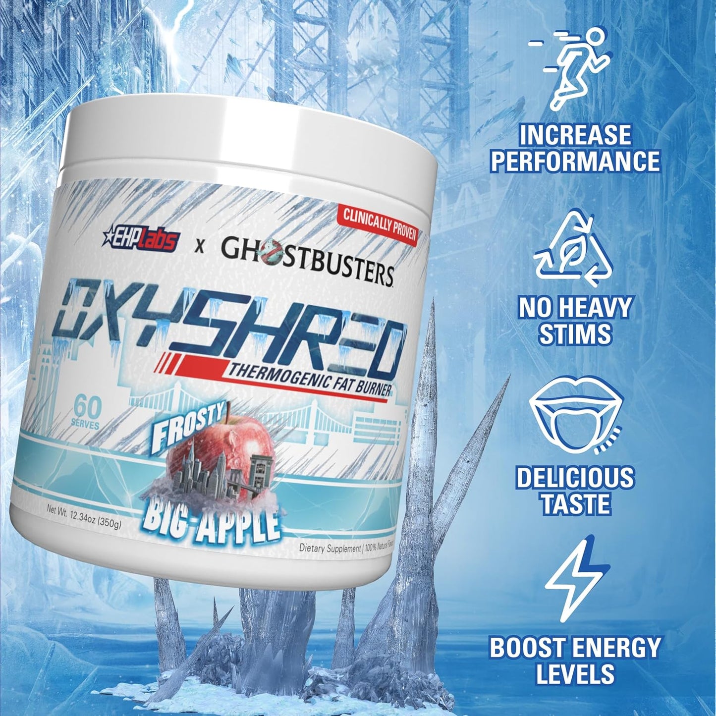 EHP Labs x Ghostbusters OxyShred Pre Workout Powder Supplement - Frosty Big Apple Flavor with Acetyl L Carnitine for Energy Boost - 60 Servings