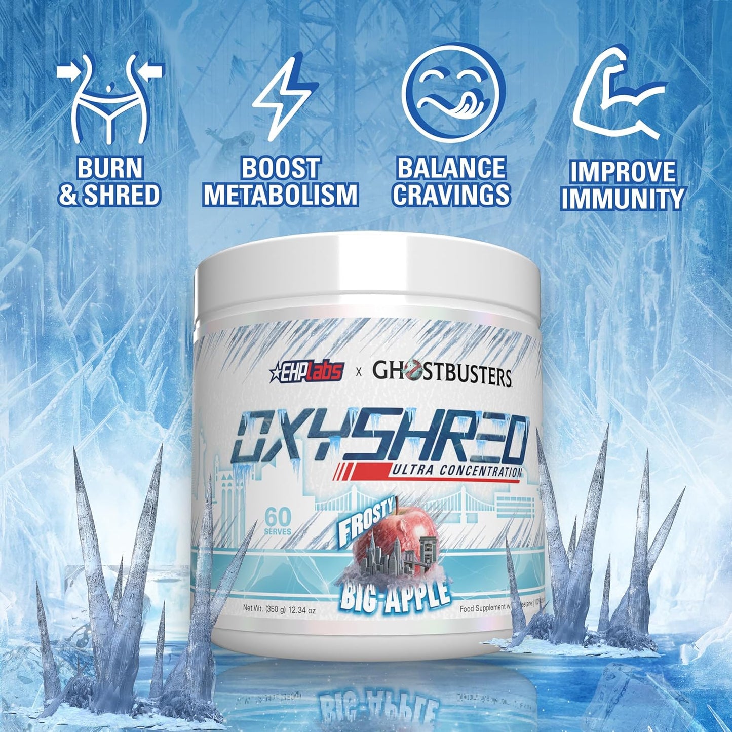 EHP Labs x Ghostbusters OxyShred Pre Workout Powder Supplement - Frosty Big Apple Flavor with Acetyl L Carnitine for Energy Boost - 60 Servings